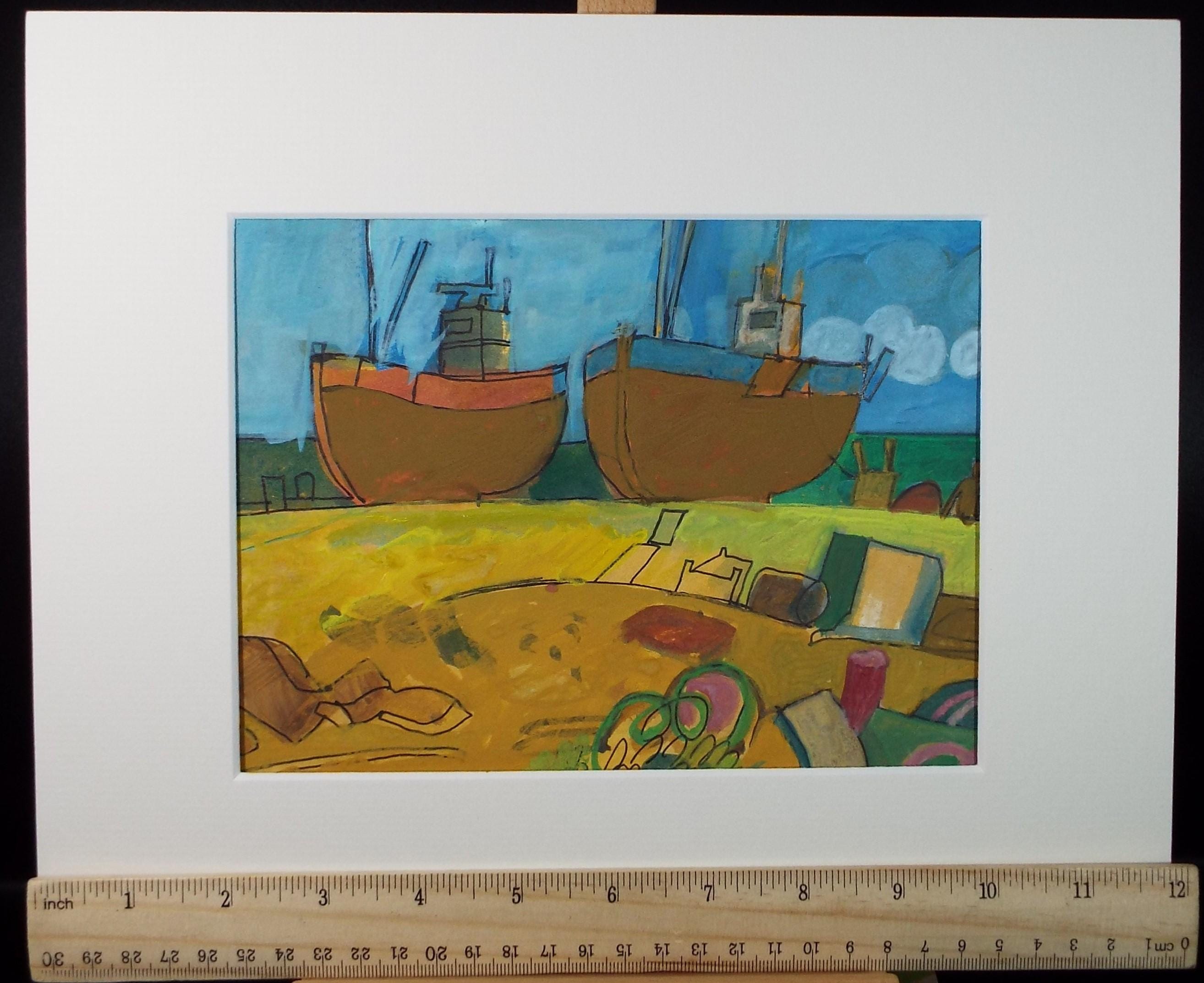 Original Watercolour Gouache , 'Boats on the shore', Colin Fifield (1940-2022), circa 1980's