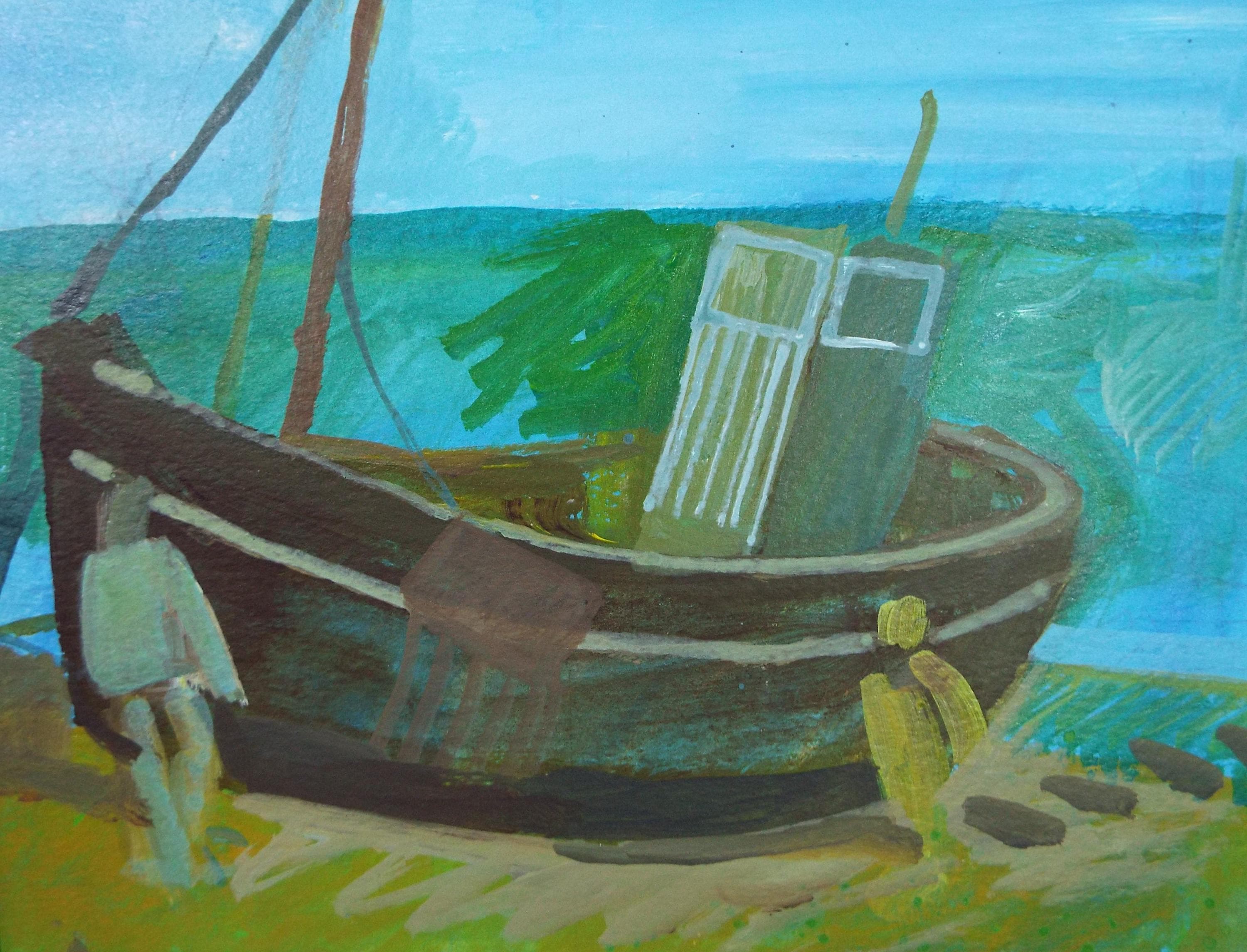 Original Watercolour Gouache , 'Figures and Boat on the shore', Colin Fifield (1940-2022), circa 1980's