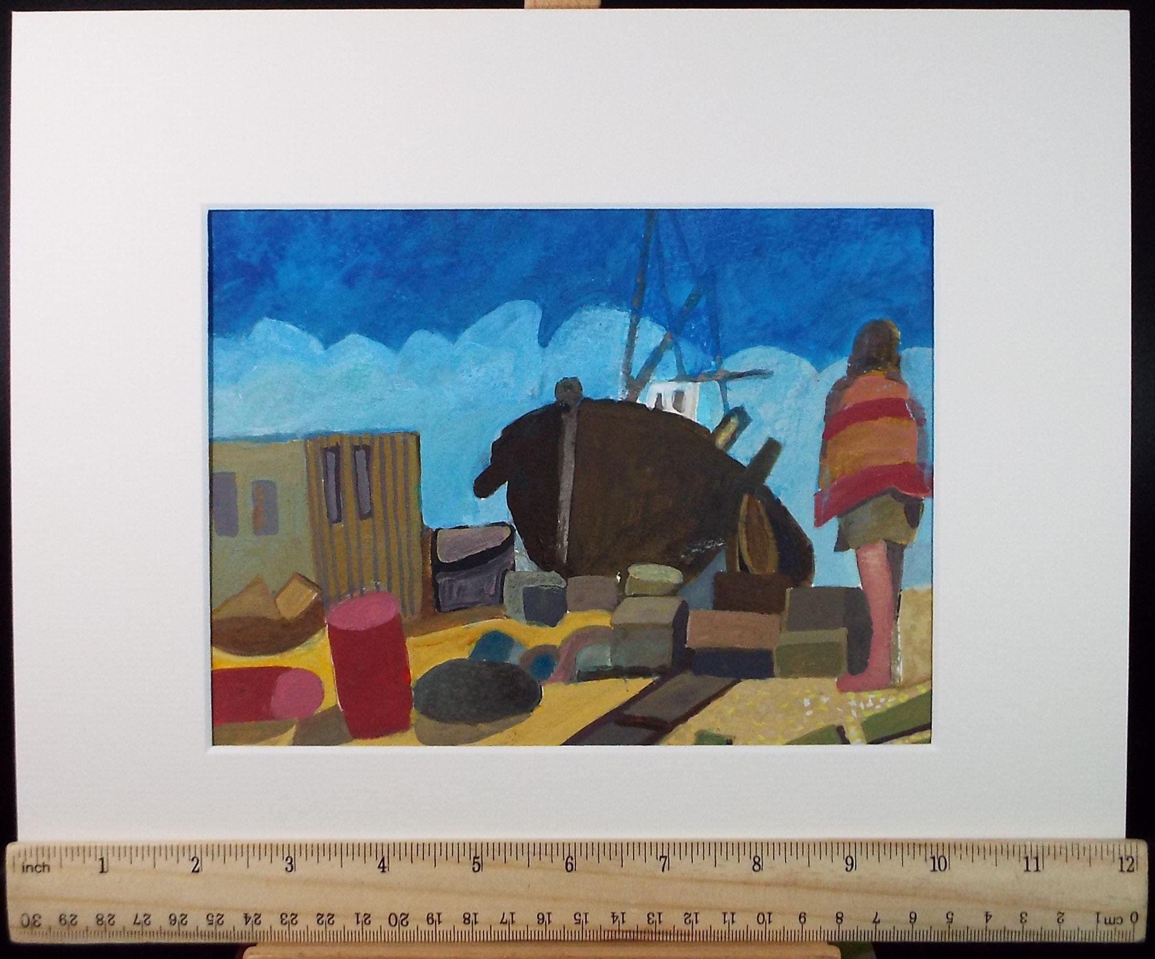 Original Watercolour Gouache , 'Figures and Boat on the shore', Colin Fifield (1940-2022), circa 1980's