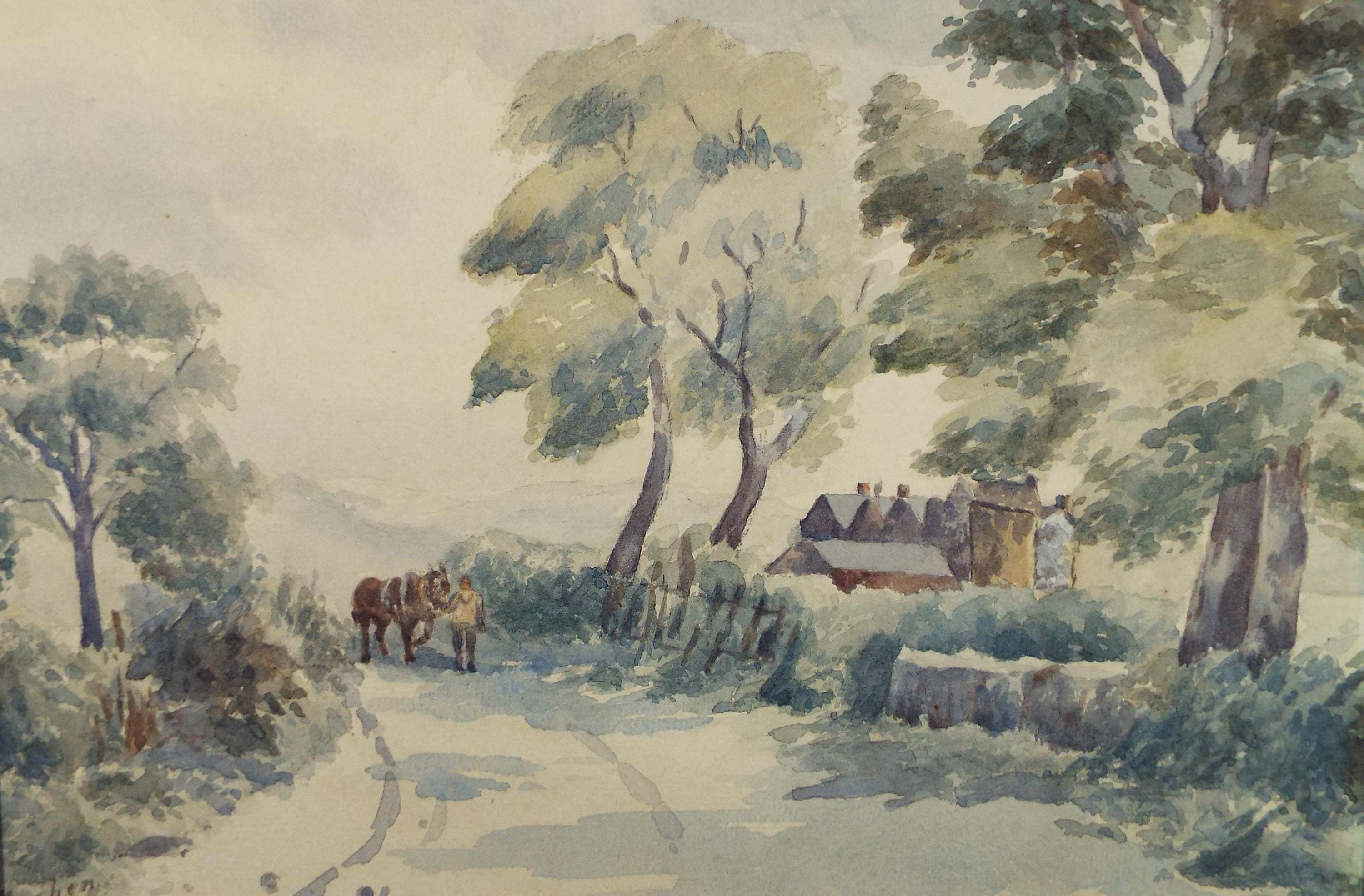 Original Watercolour, 'Figures with horse on a Country Lane', Circa 1880's,Artist Unknown