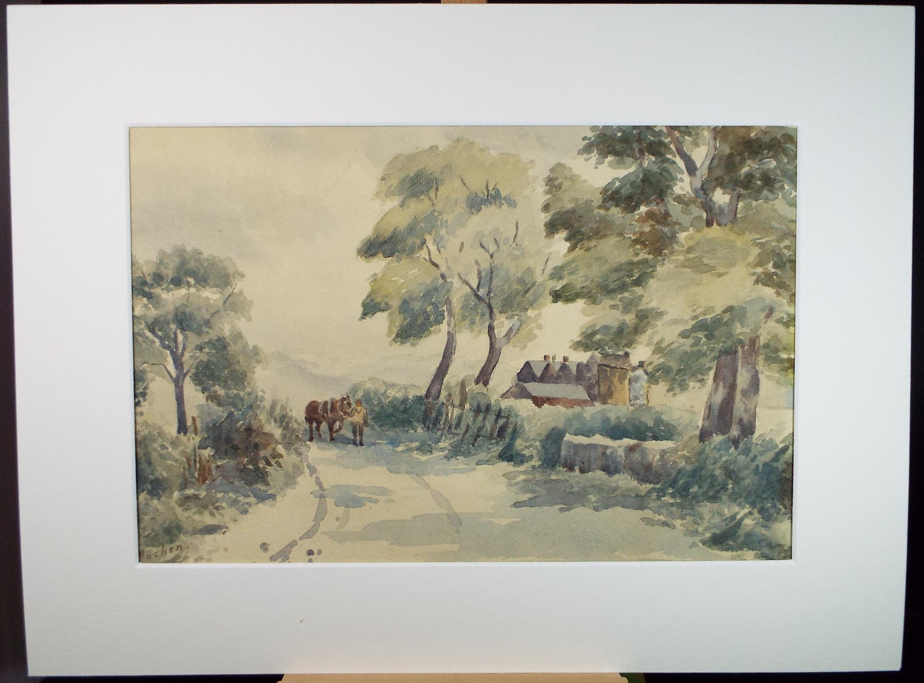 Original Watercolour, 'Figures with horse on a Country Lane', Circa 1880's,Artist Unknown