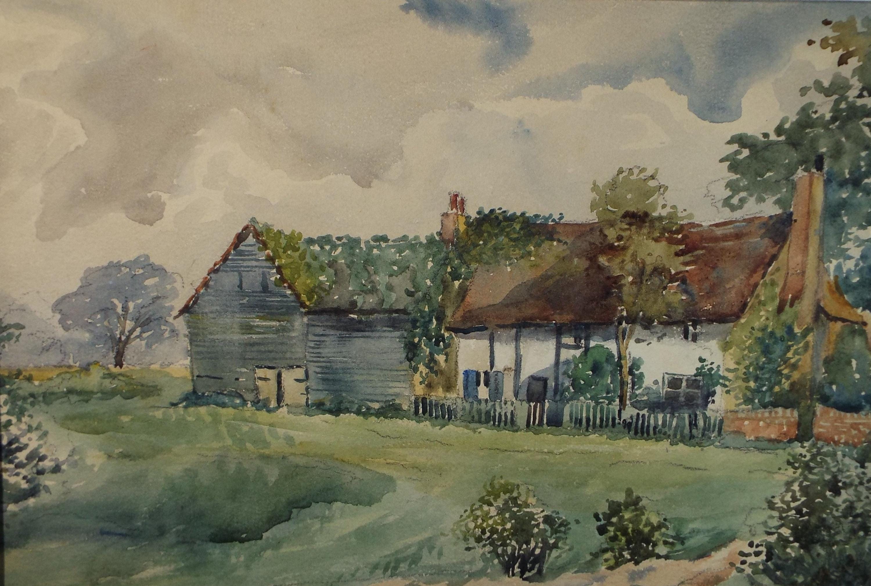 Original Watercolour, 'Half timbered cottage & barn', Late 19th Century, Artist Unknown