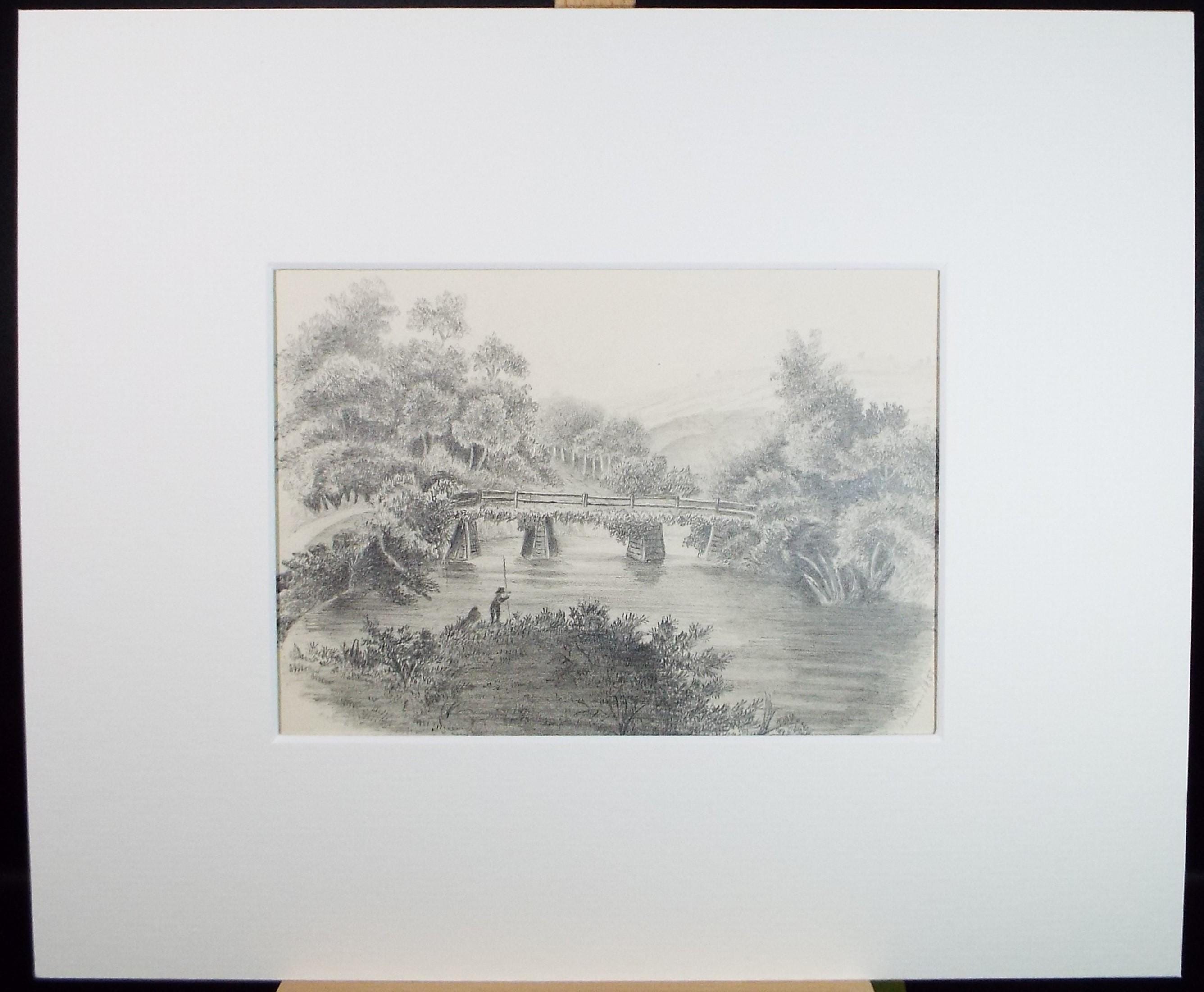 Original Pencil drawing, 'Fishing on the River', Circa 1850', artist unknown