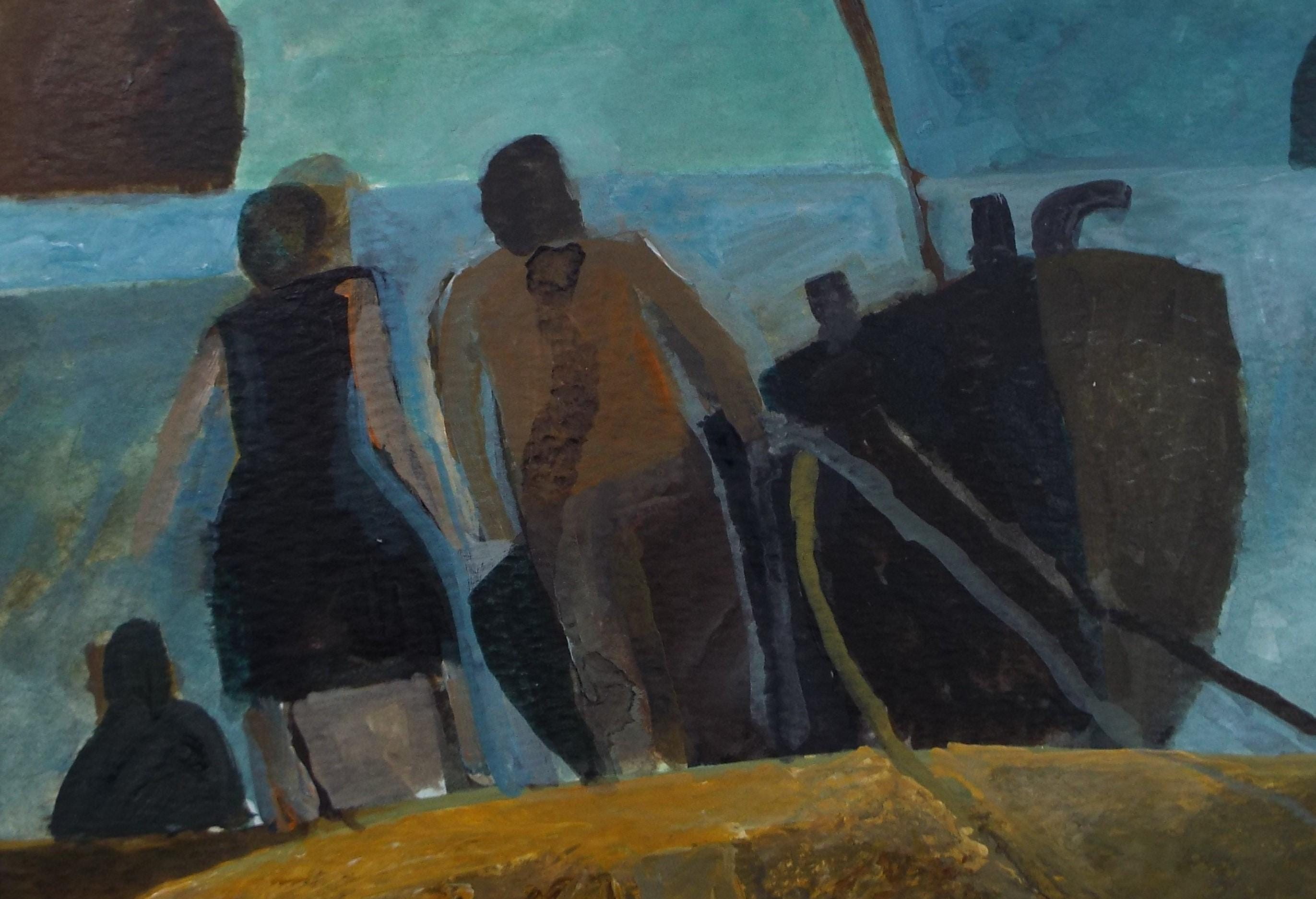 Original Watercolour Gouache , 'Figures and Boat on the shore', Colin Fifield (1940-2022), circa 1980's