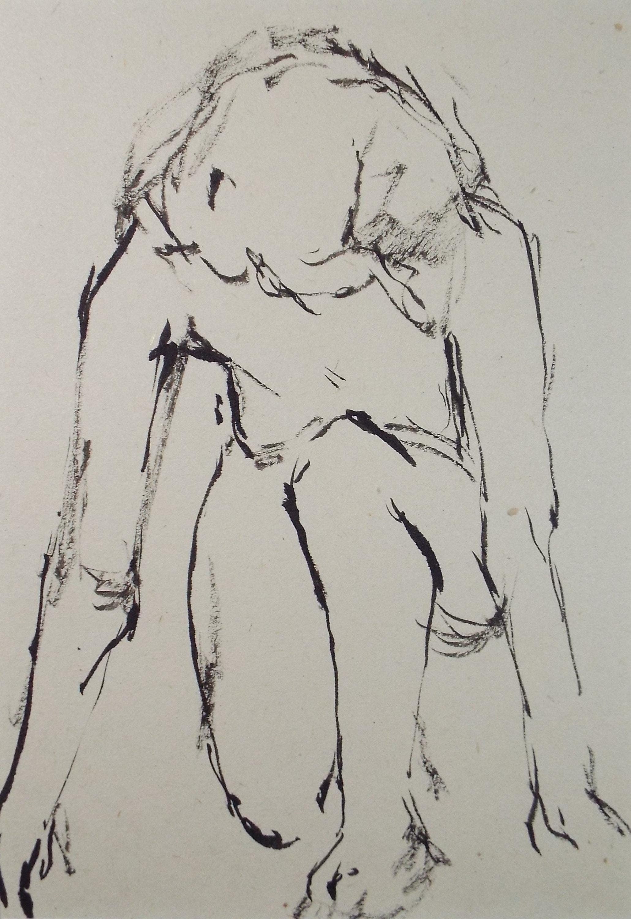 Pen & ink drawing, 'Crouching female', c1950s, C.D. Finley