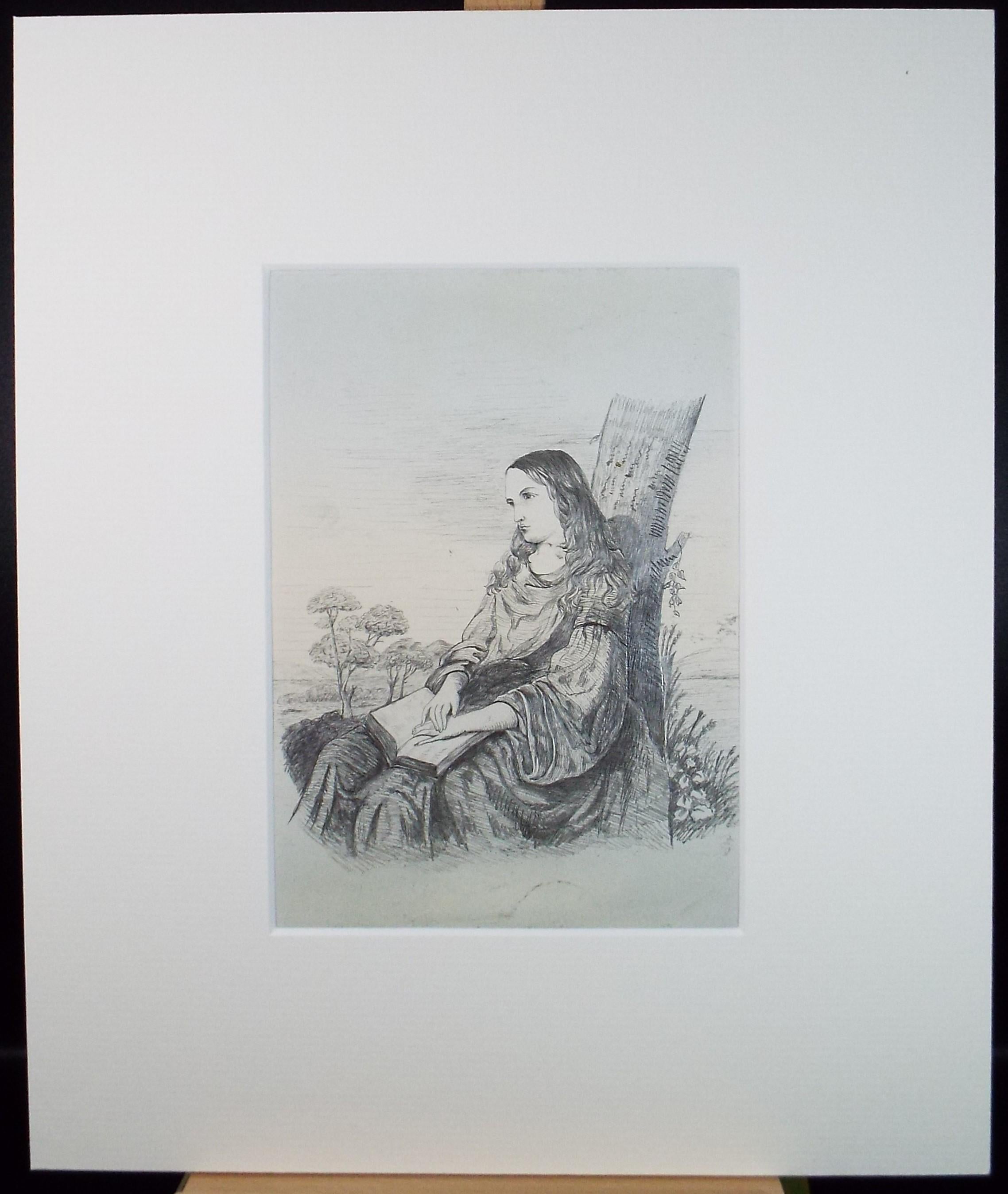 Original Pencil Drawing , 'Girl in Deep thought' Artist Unknown, Circa 1870