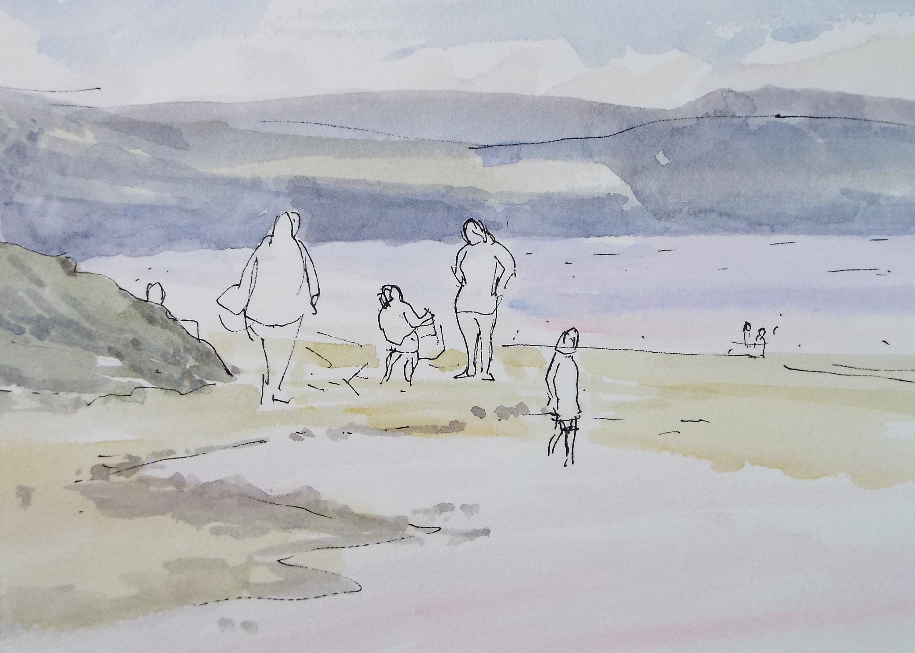 Original Watercolour,'Figures on the Beach', circa 1980's, Michael Stone b1922