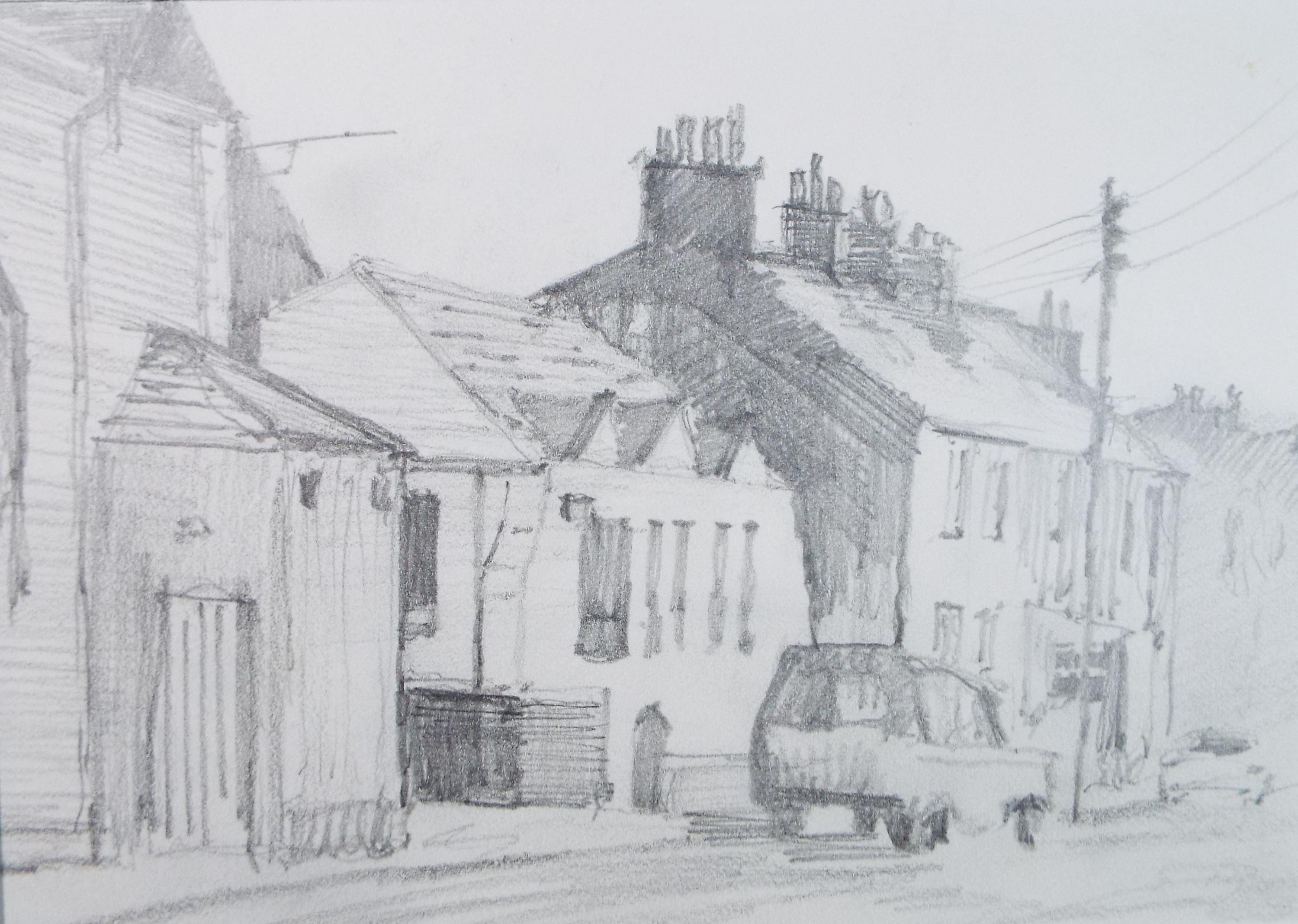 Original Pencil drawing 'Street Scene' - dated 1986, Artist Unknown