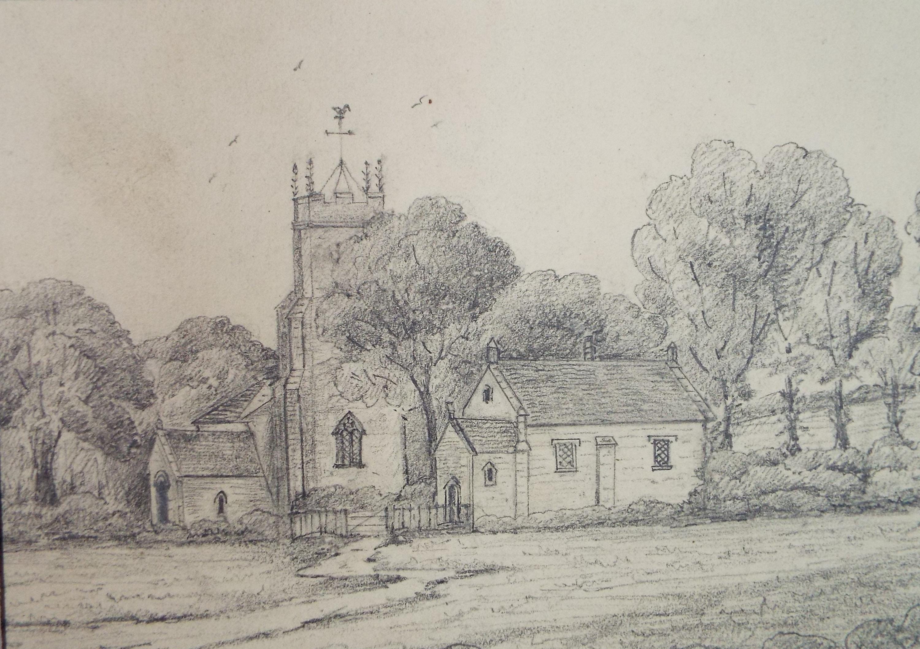 Original Pencil drawing, 'Church study', Dated 1873', artist unknown