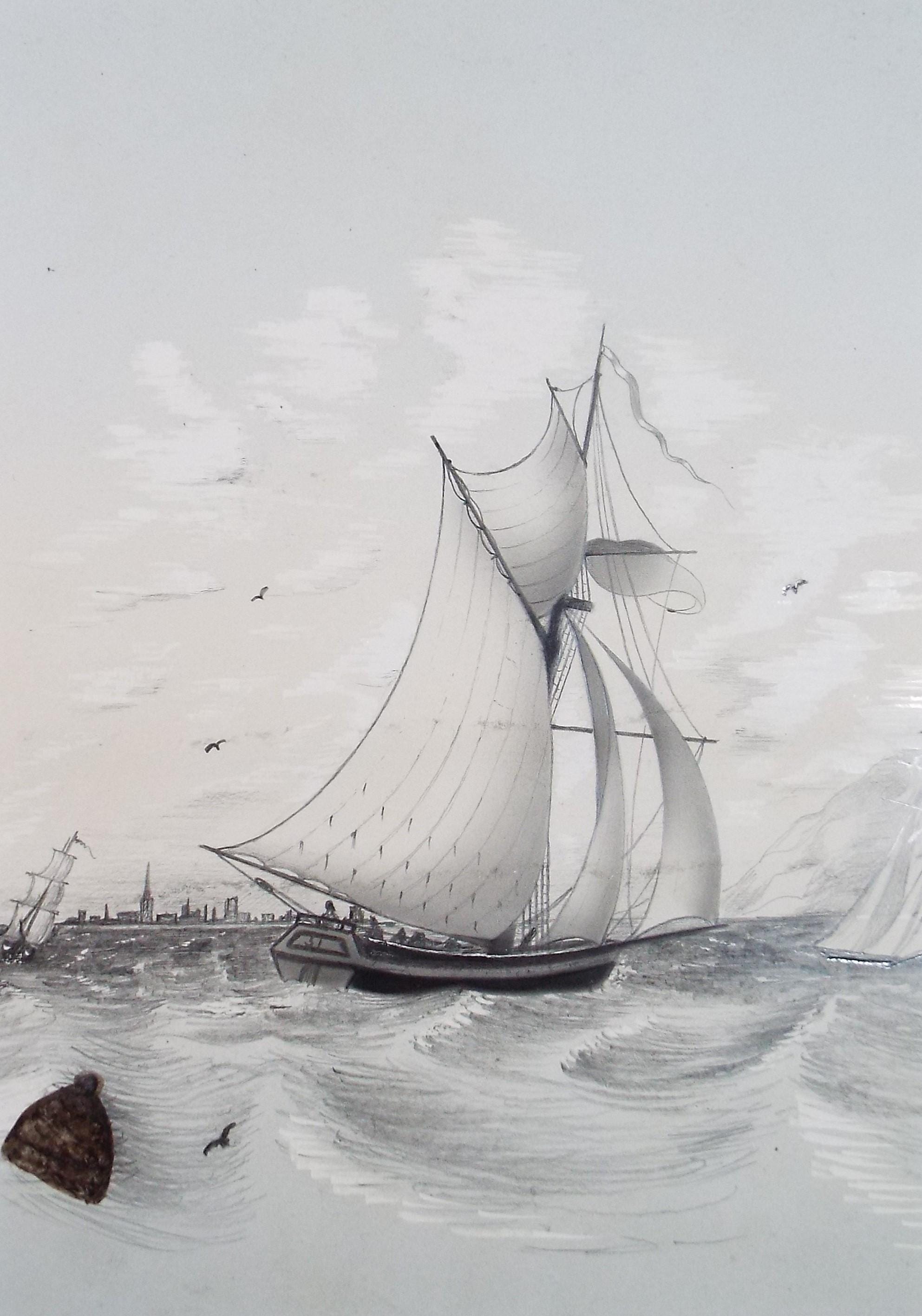 Original Pencil Drawing , 'At full Sail', Late 19th Century, Unknown Artist