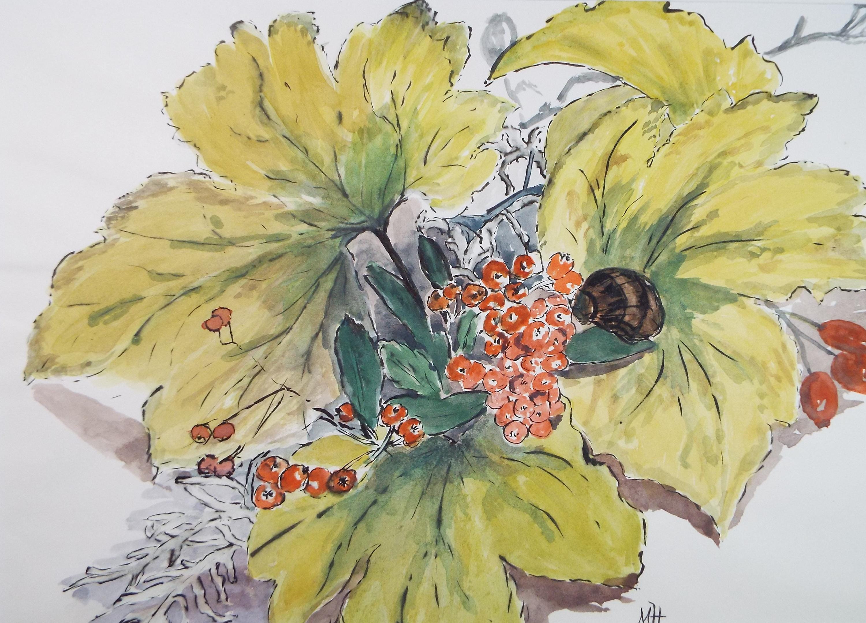 Original Watercolour, 'Autumn Leaves and Berries', Circa 1980's, Marie W. Hiorns