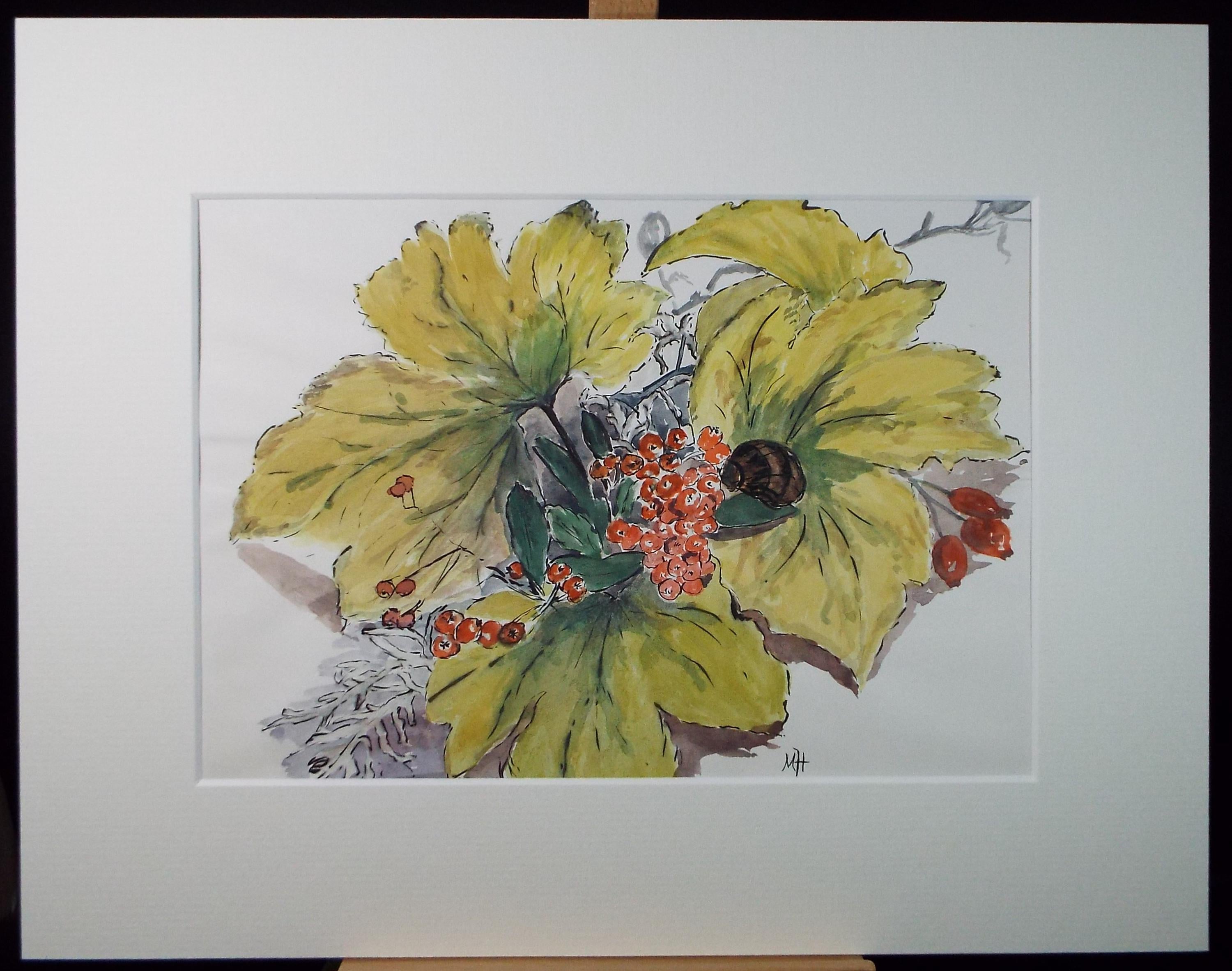 Original Watercolour, 'Autumn Leaves and Berries', Circa 1980's, Marie W. Hiorns