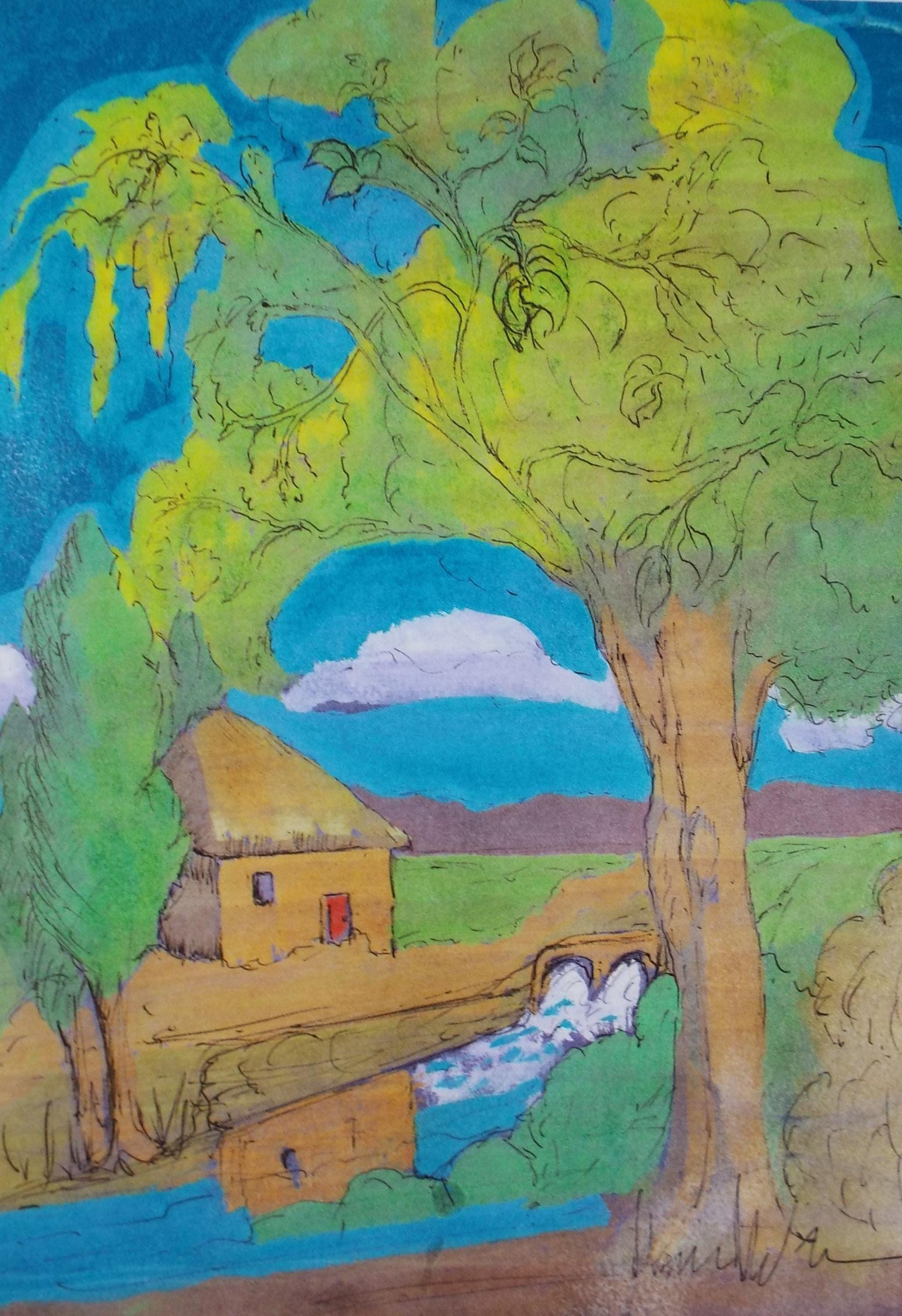 Original Gouache 'Landscape', Marie W. Hiorns, Dated 1983