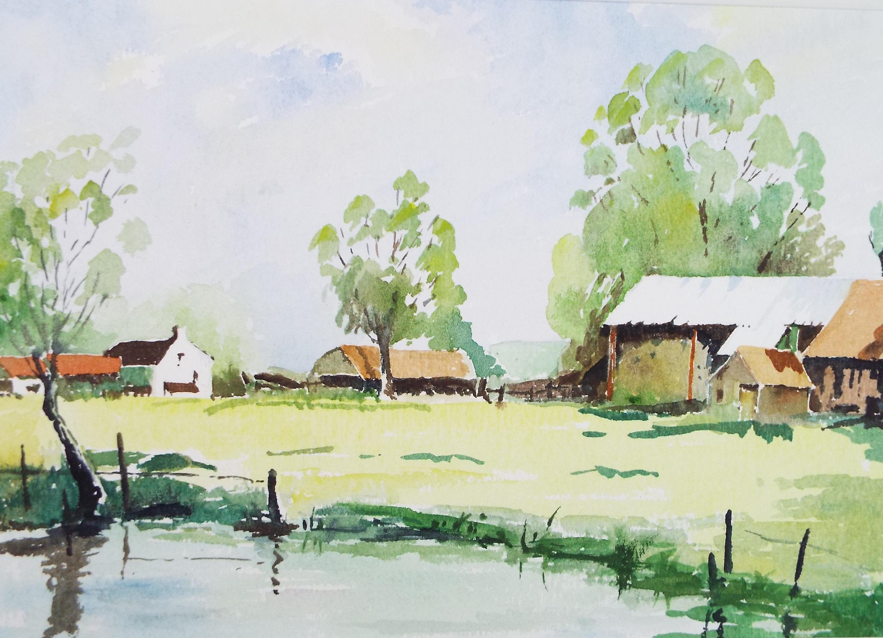 Original Watercolour, 'Farmstead', V R Burrow, c1980's