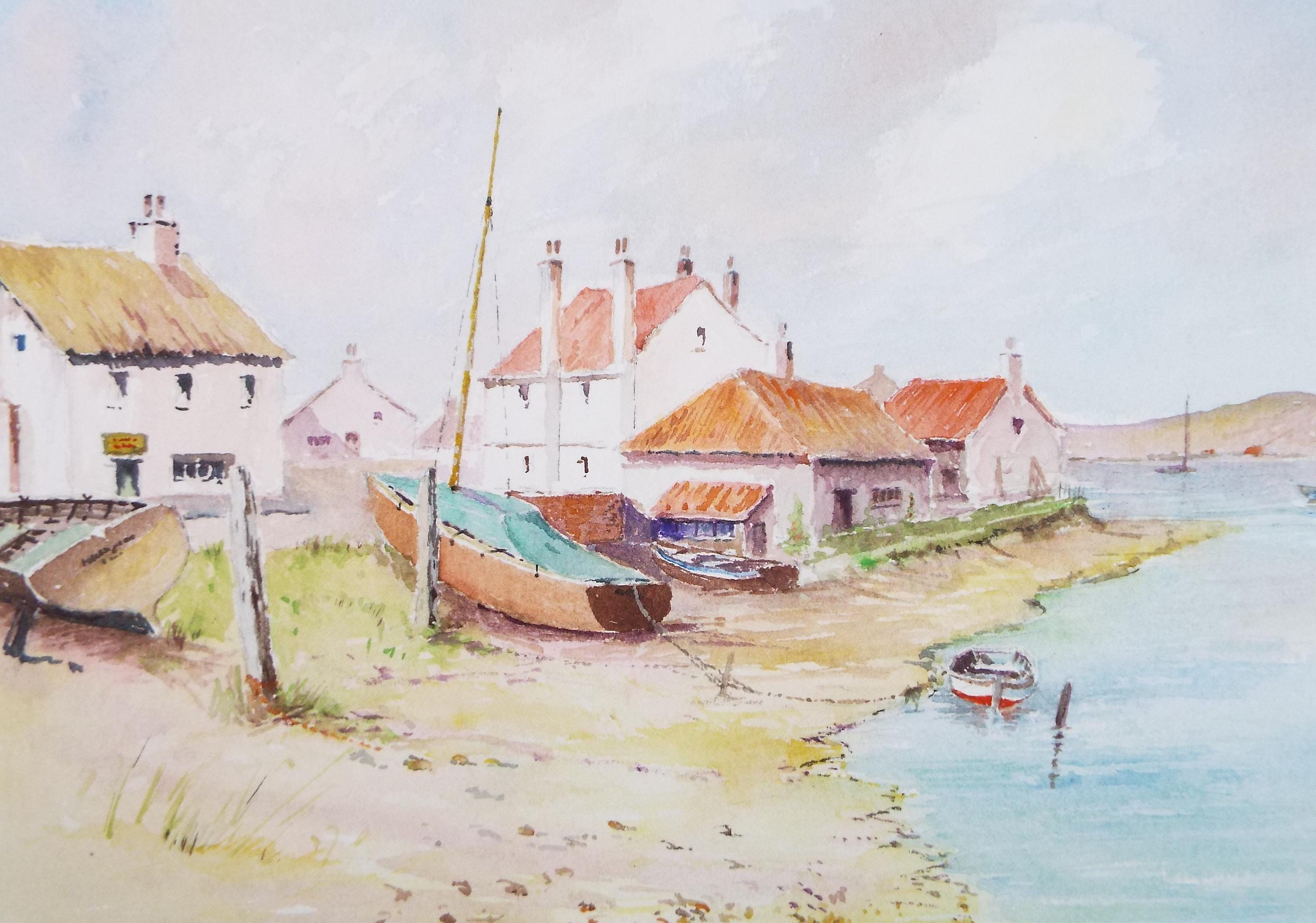 Original Watercolour, 'Fishing Village', circa 1980's, V R Burrow