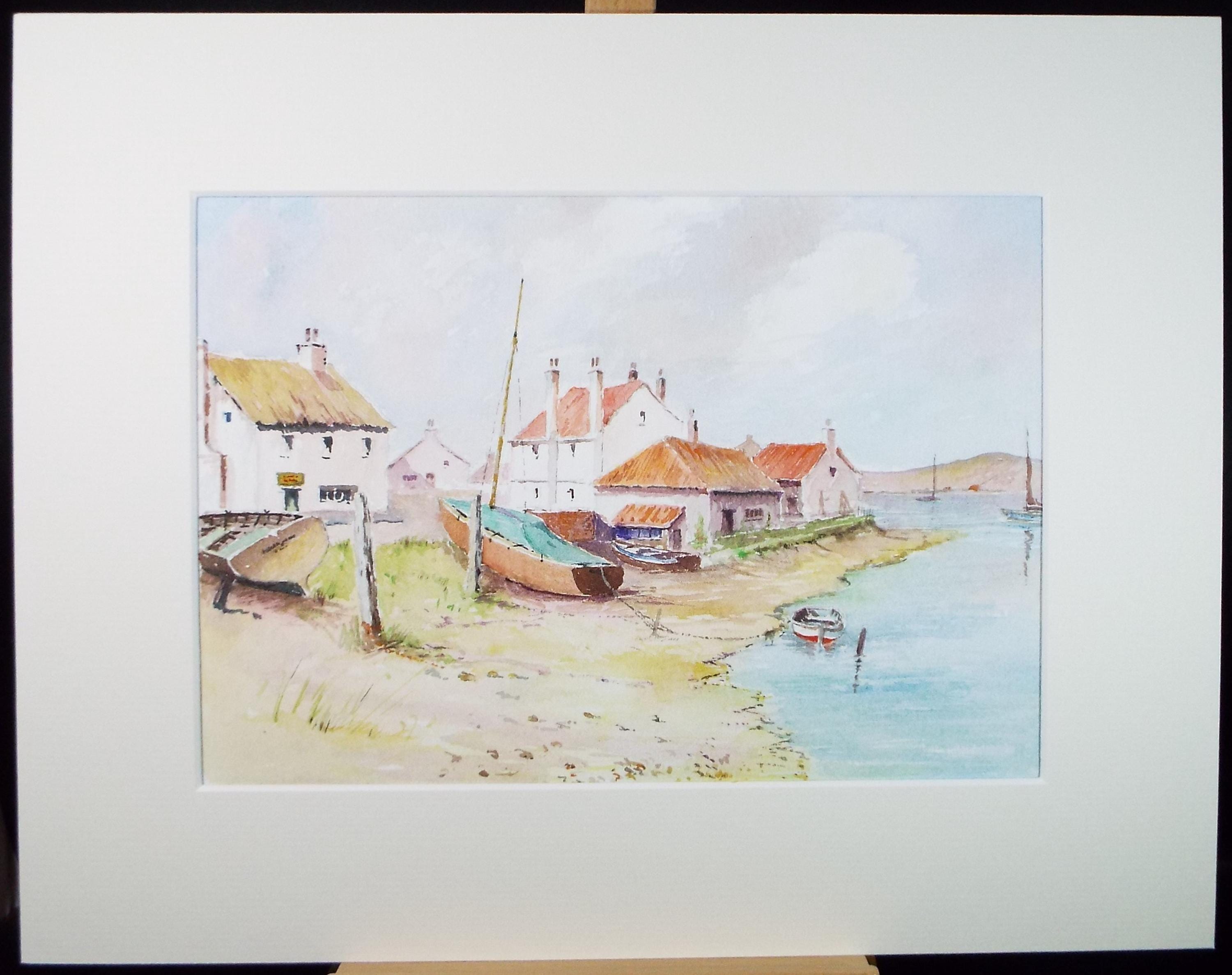 Original Watercolour, 'Fishing Village', circa 1980's, V R Burrow