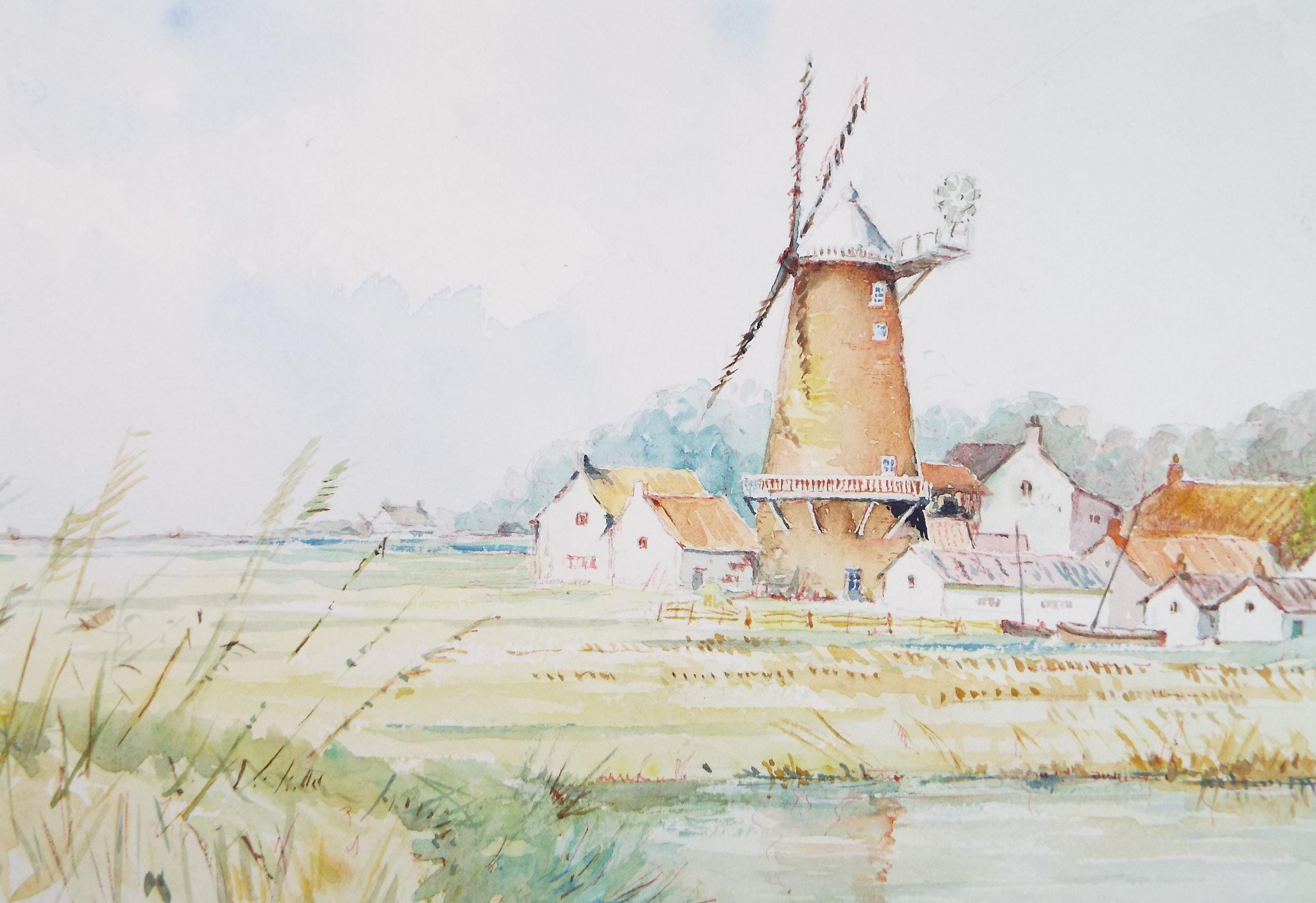 Original Watercolour, 'Suffolk Windmill', Circa 1980's, V R Burrow