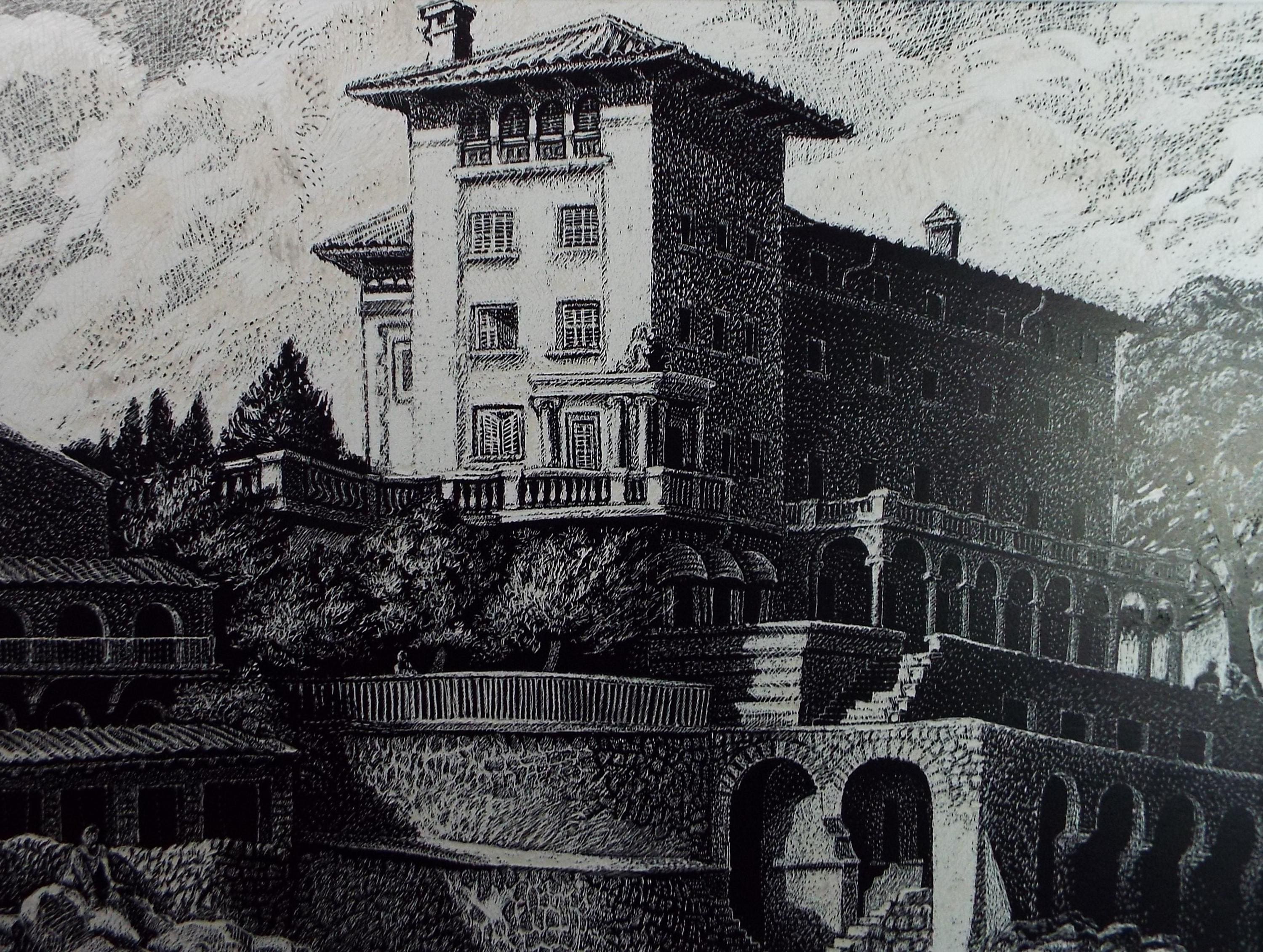 Original Scraperboard drawing, 'Italian Villa', Lorraine Abraham RSMA (1941-2023), Circa 1990's