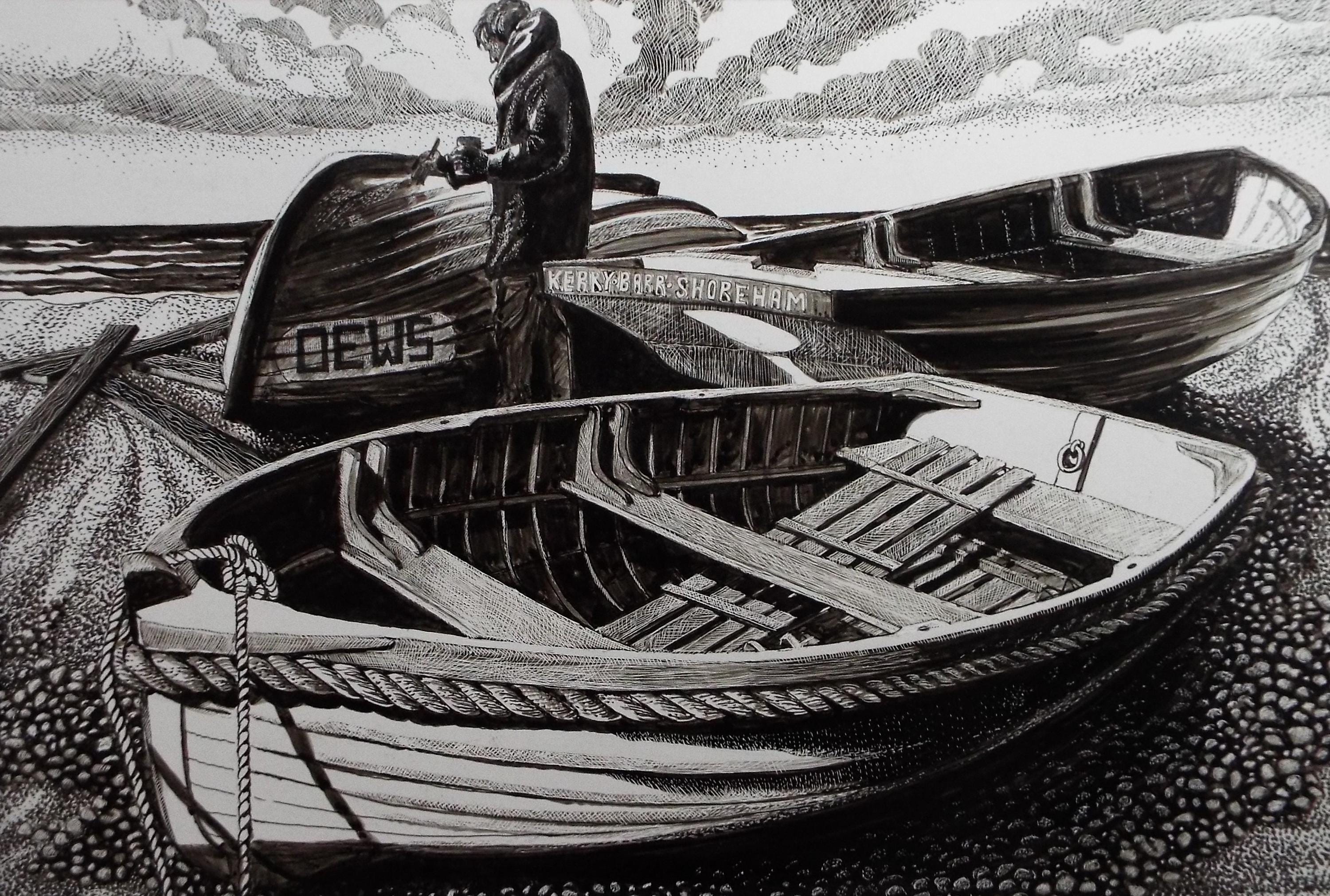 Original Scraperboard & Ink drawing, 'Boats on the Shore, Shoreham', Lorraine Abraham RSMA (1941-2023), Circa 1990's