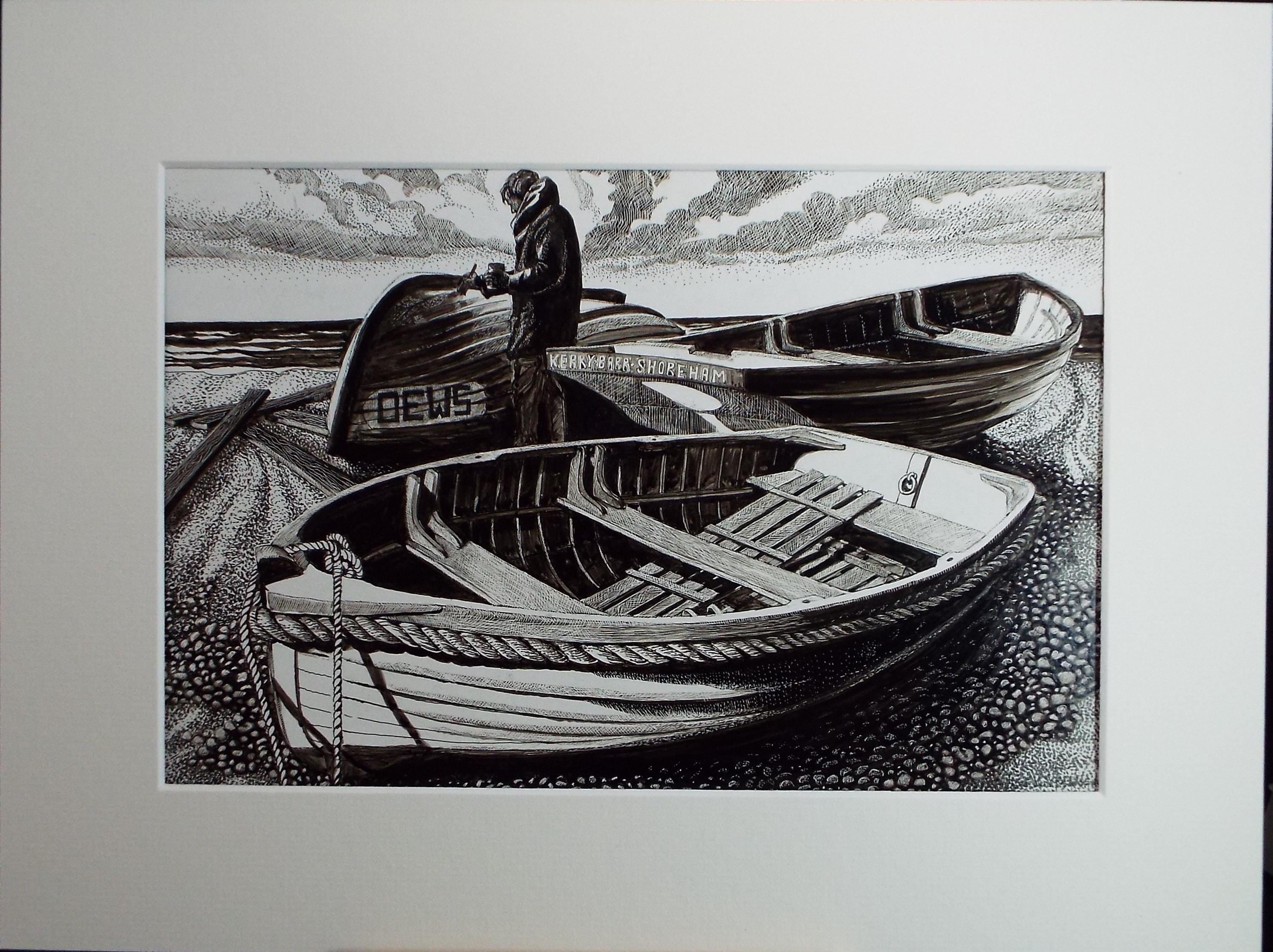 Original Scraperboard & Ink drawing, 'Boats on the Shore, Shoreham', Lorraine Abraham RSMA (1941-2023), Circa 1990's