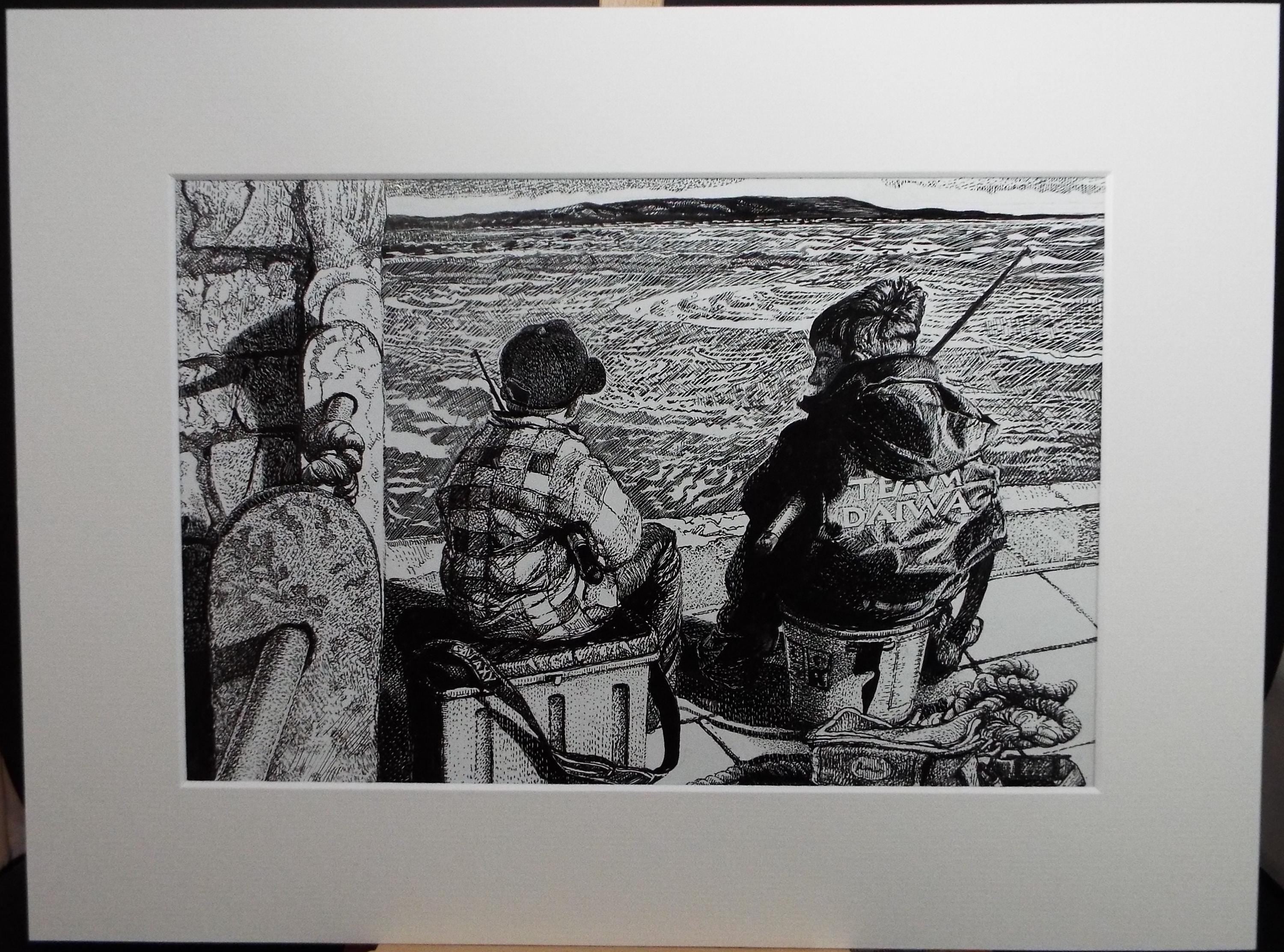 Original Scraperboard & ink drawing, 'Young Fishers', Lorraine Abraham RSMA (1941-2023), Circa 1990's