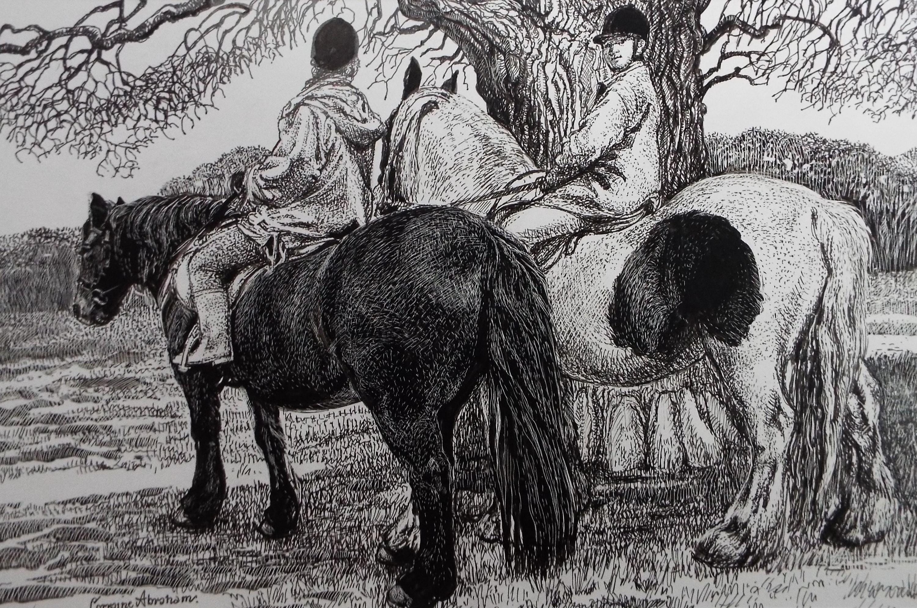 Original Scraperboard and ink drawing, 'The Morning Ride', Lorraine Abraham RSMA (1941-2023), Circa 1990's