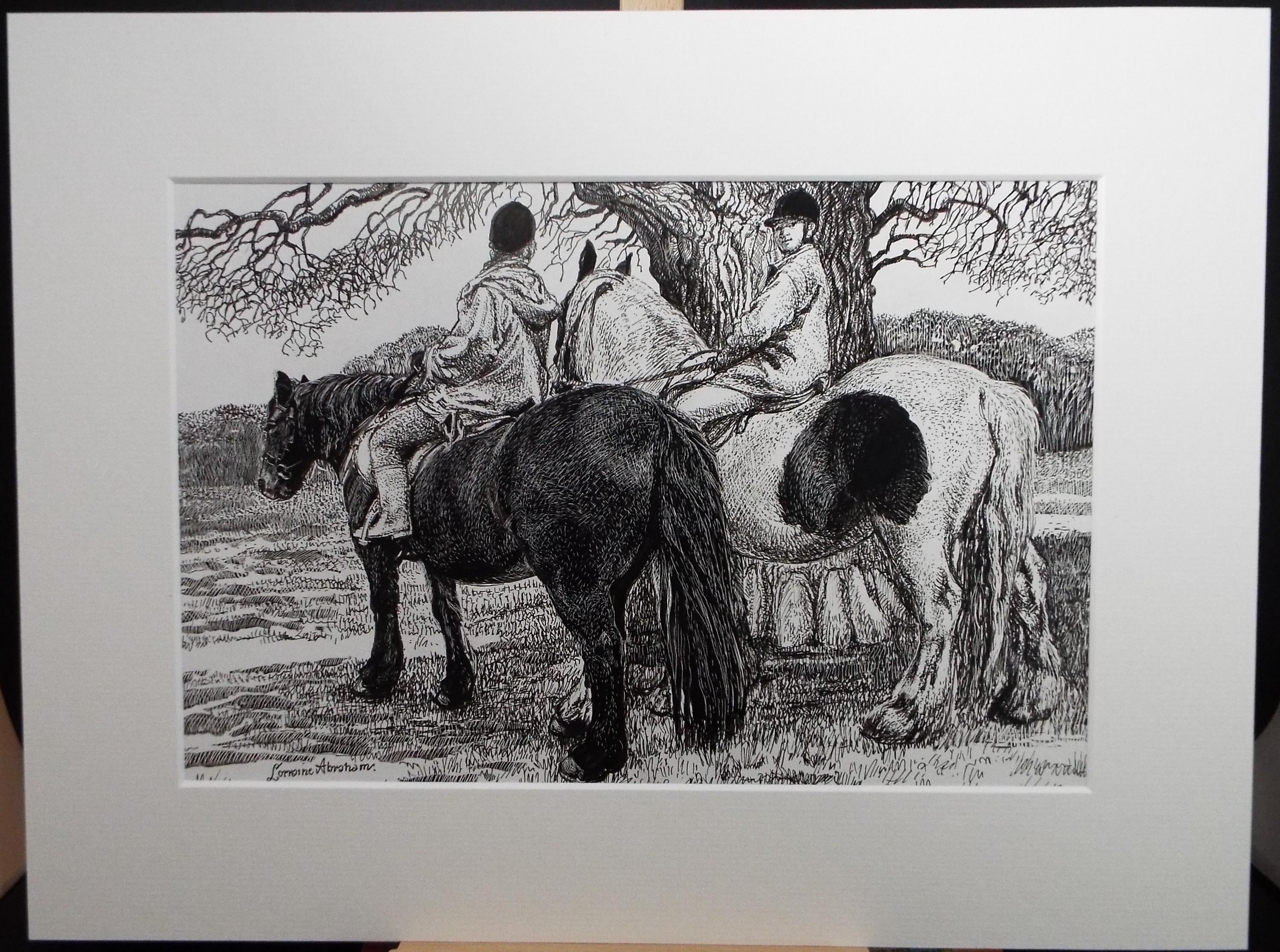 Original Scraperboard and ink drawing, 'The Morning Ride', Lorraine Abraham RSMA (1941-2023), Circa 1990's