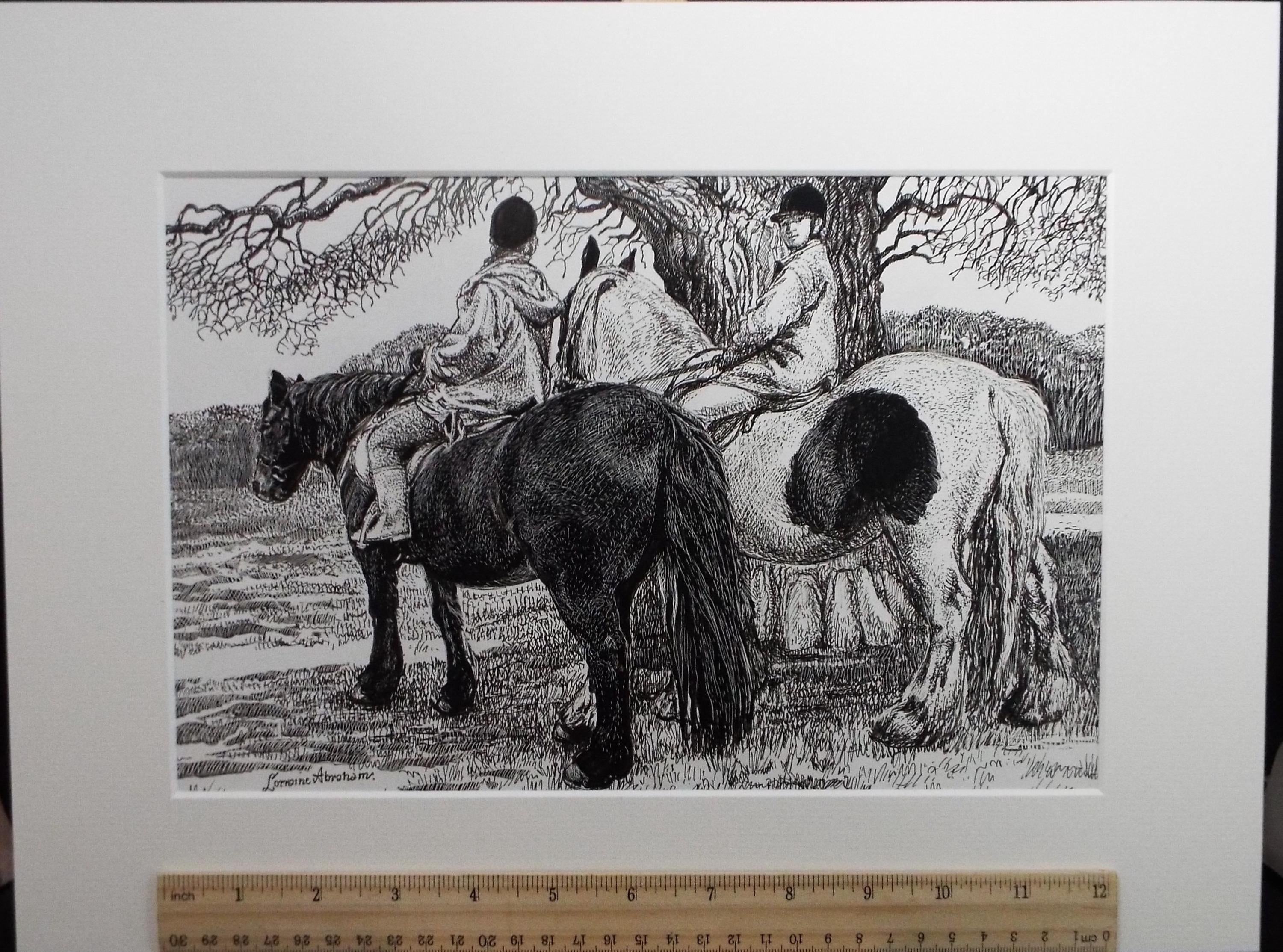 Original Scraperboard and ink drawing, 'The Morning Ride', Lorraine Abraham RSMA (1941-2023), Circa 1990's