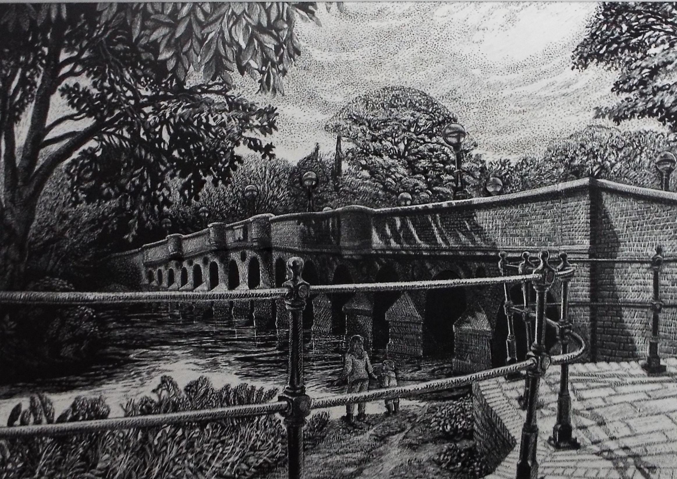 Original Scraperboard drawing, 'The River Mole at Leatherhead', Lorraine Abraham RSMA (1941-2023), Circa 1990's