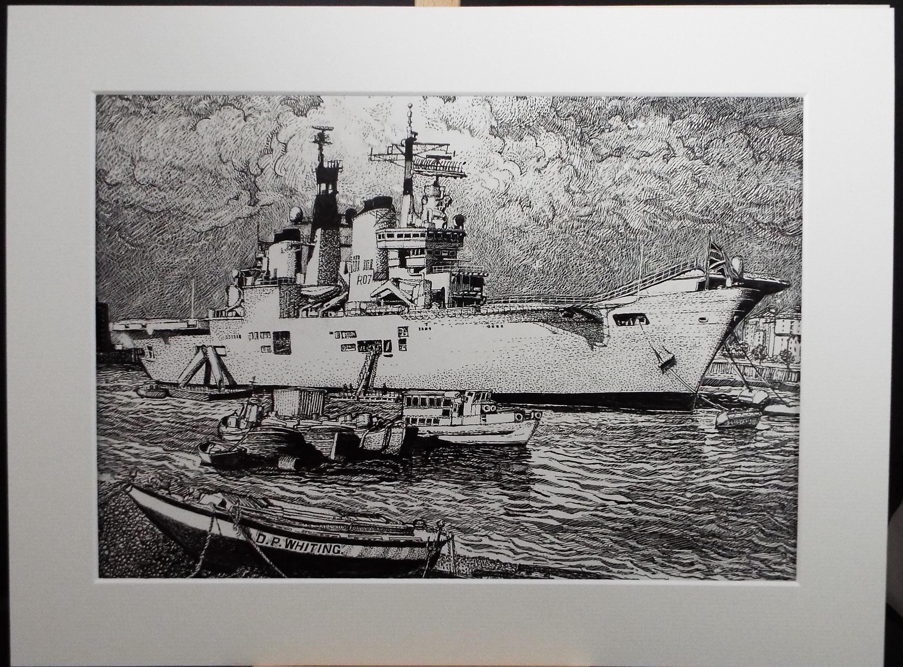 Original Scraperboard & ink drawing, 'HMS Ark Royal', Lorraine Abraham RSMA (1941-2023), Circa 1990's