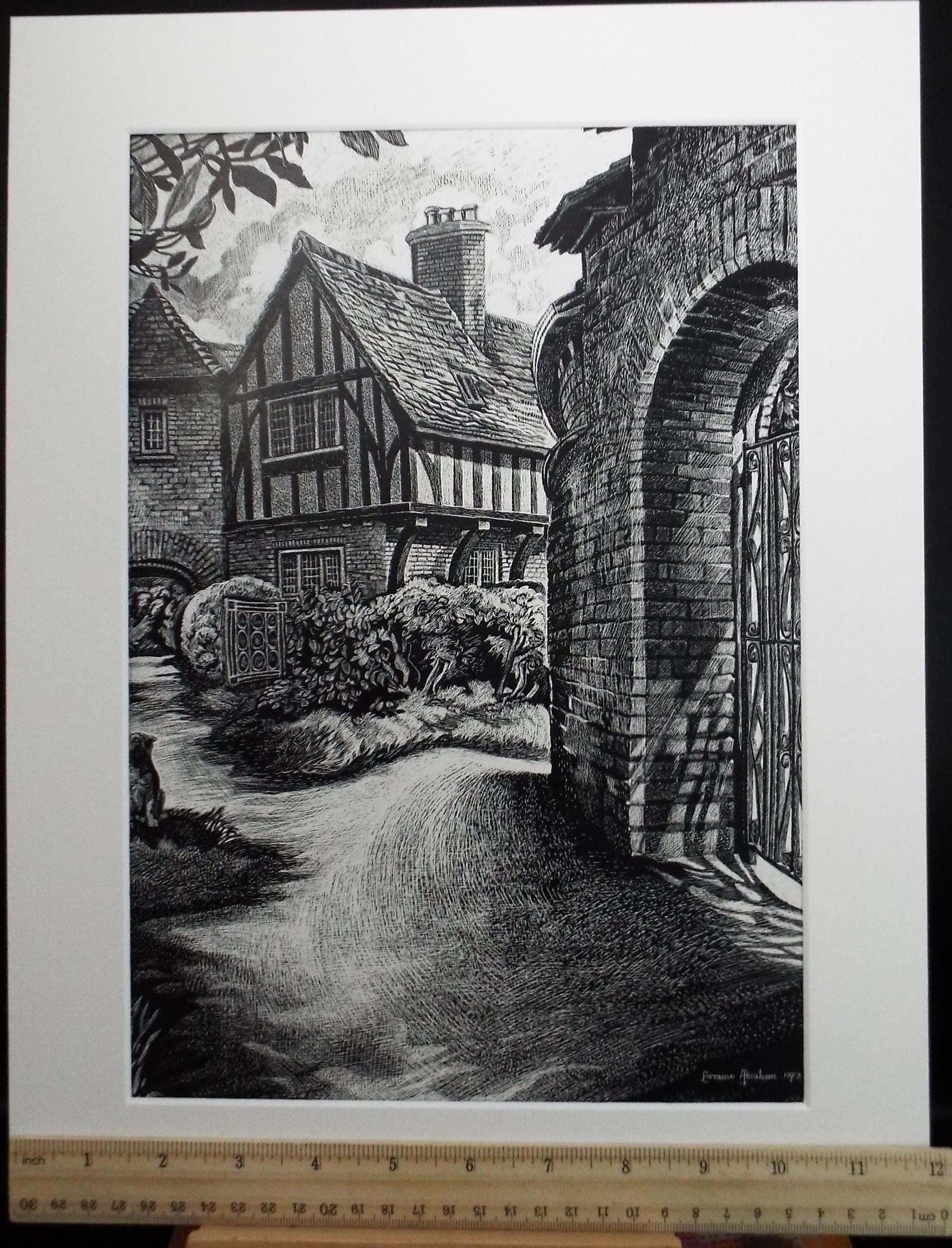 Original Scraperboard drawing, 'Tudor Manor House', Lorraine Abraham RSMA (1941-2023), Dated 1979