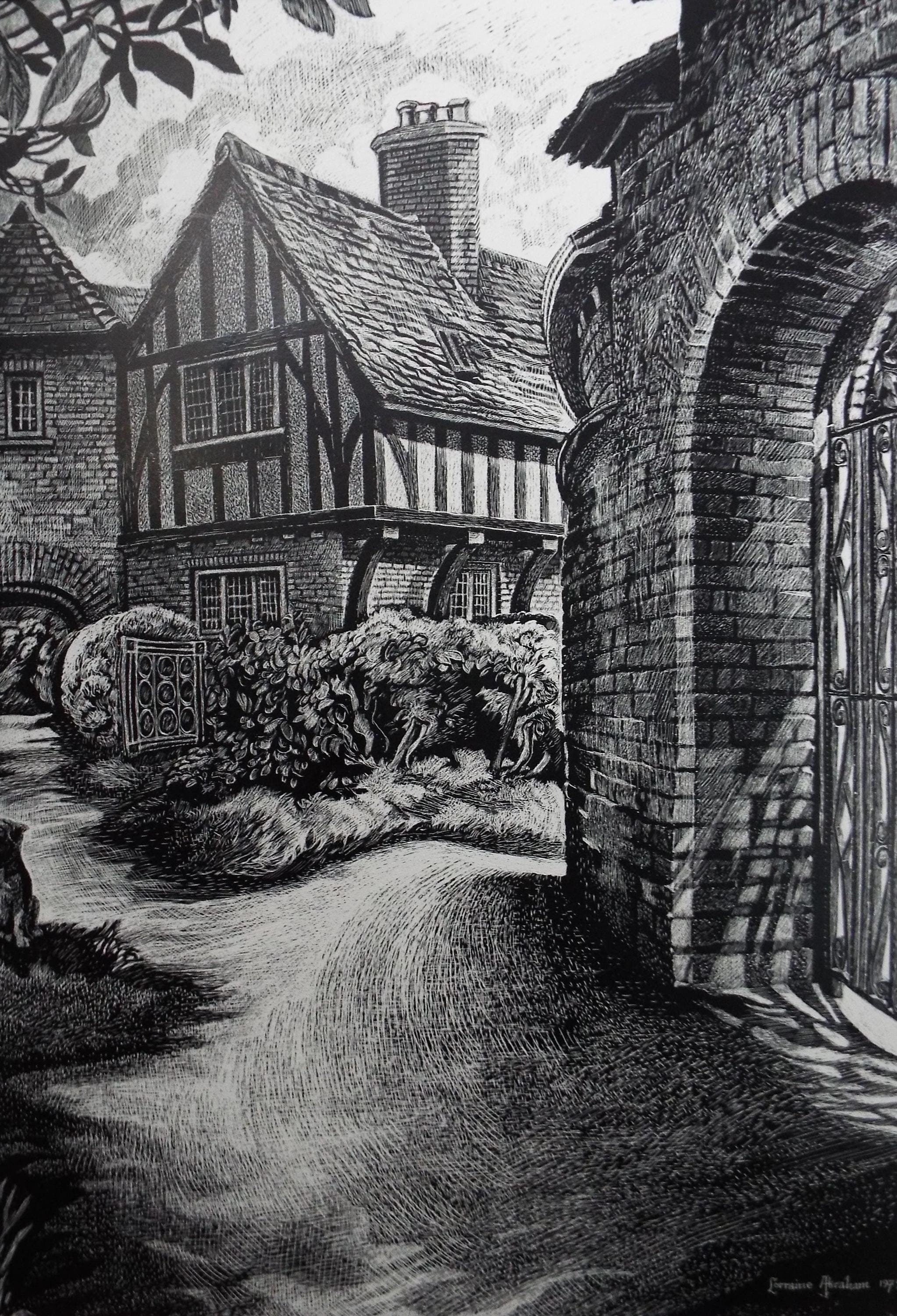 Original Scraperboard drawing, 'Tudor Manor House', Lorraine Abraham RSMA (1941-2023), Dated 1979