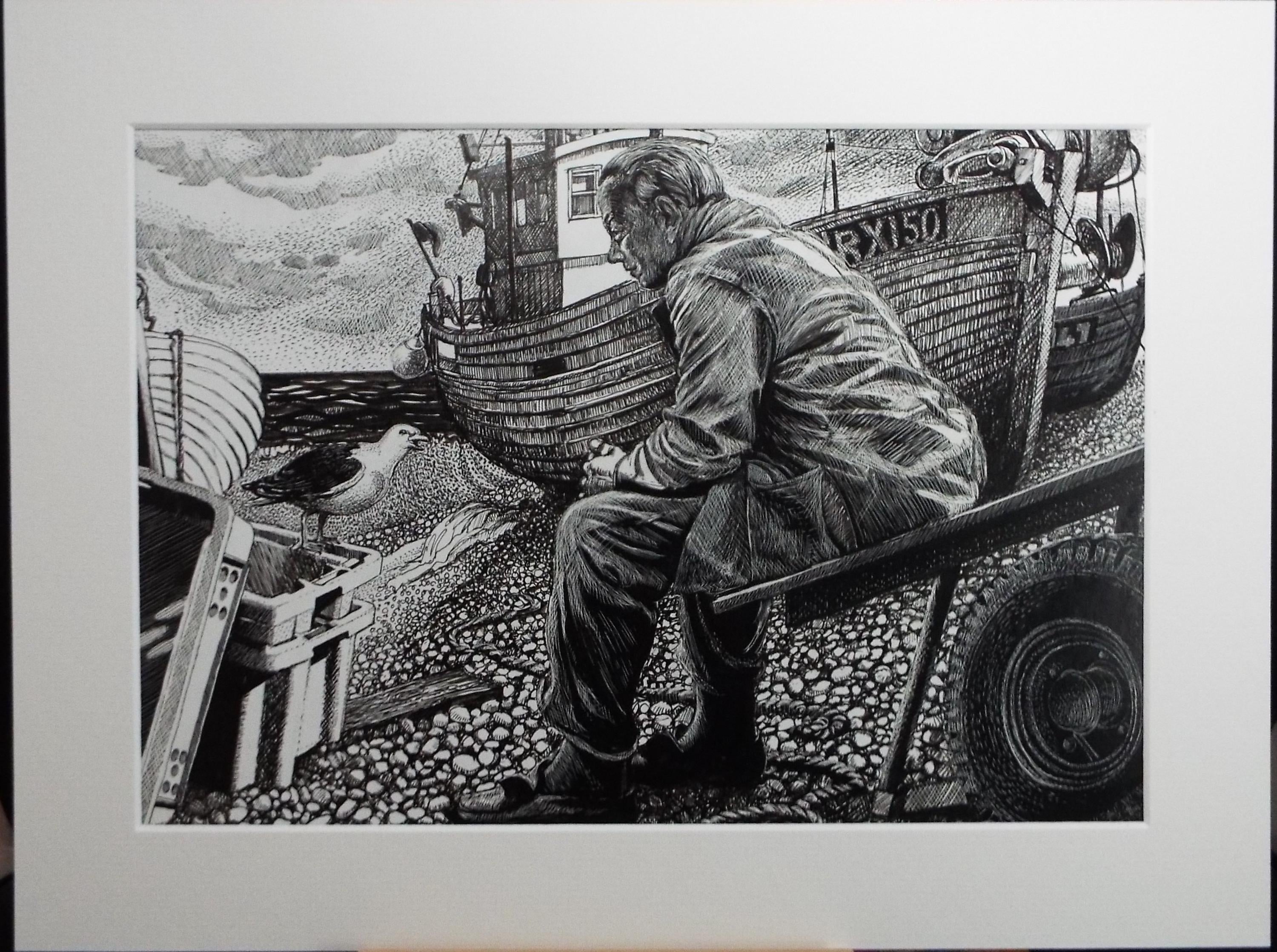 Original Scraperboard & ink drawing, 'Fisherman's Friend', Lorraine Abraham RSMA (1941-2023), Circa 1990's