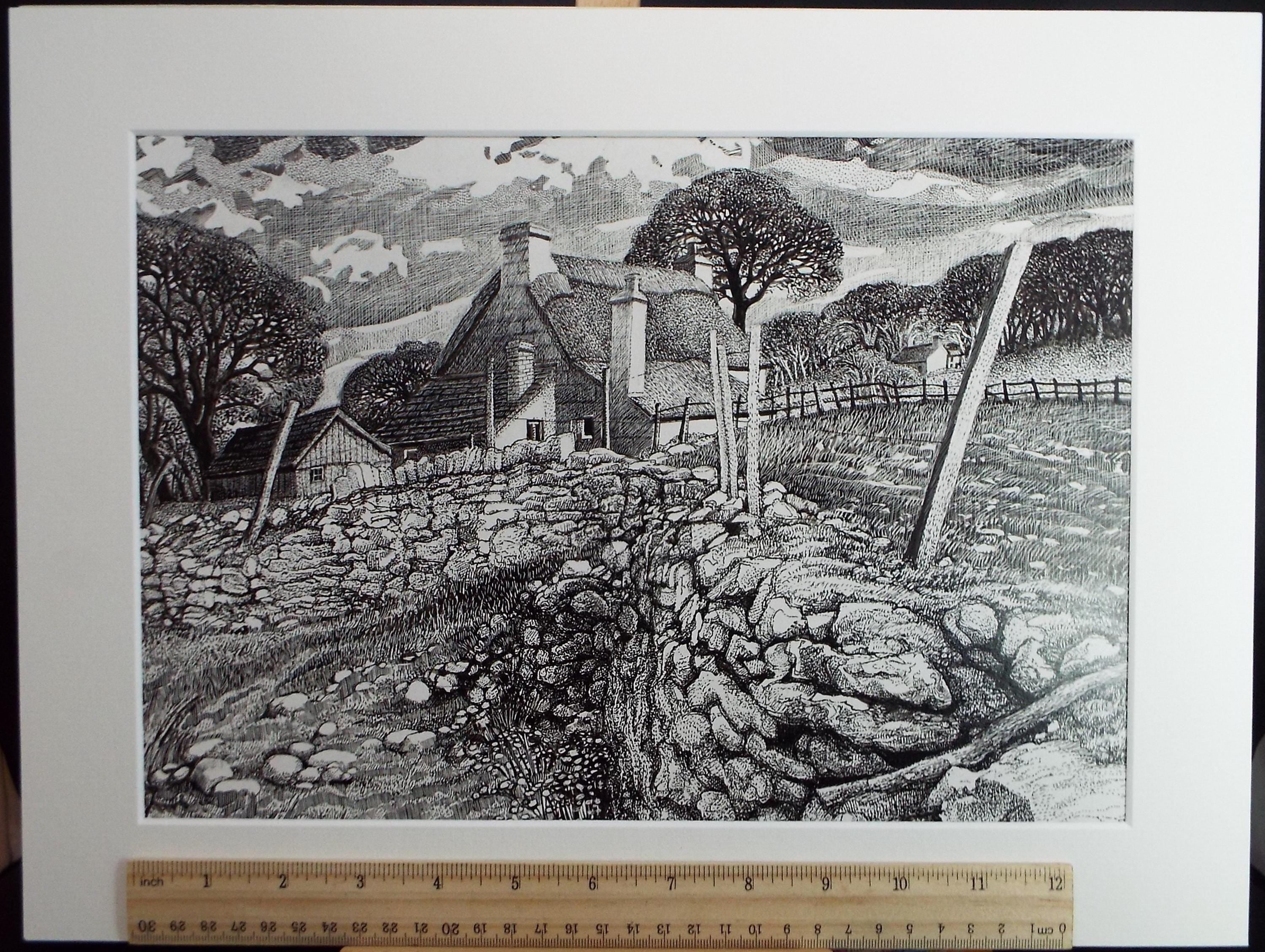 Original Scraperboard & ink drawing, 'The Farmstead', Lorraine Abraham RSMA (1941-2023), Circa 1990's