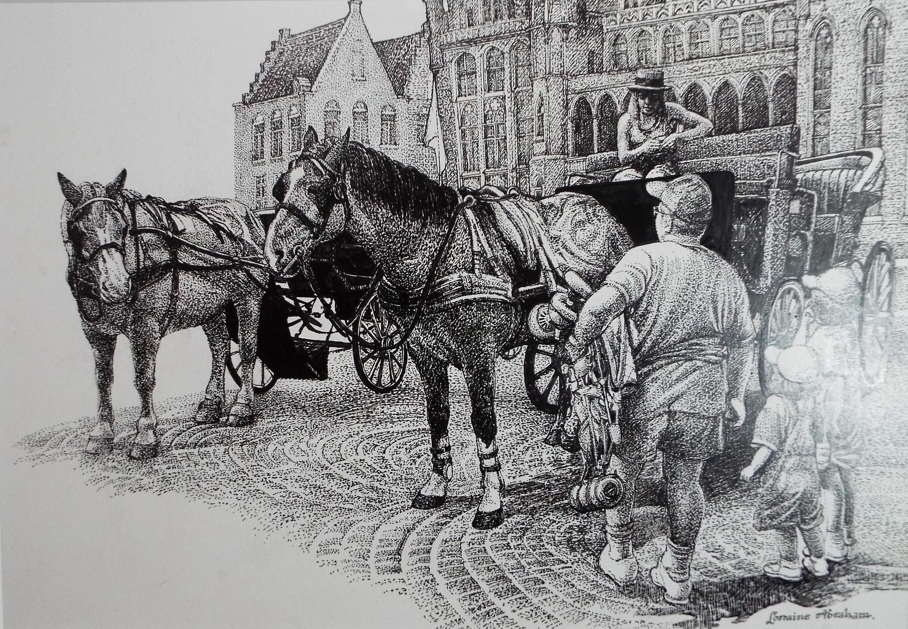 Original Scraperboard & ink drawing, 'The Carriage Ride', Lorraine Abraham RSMA (1941-2023), Circa 1990's