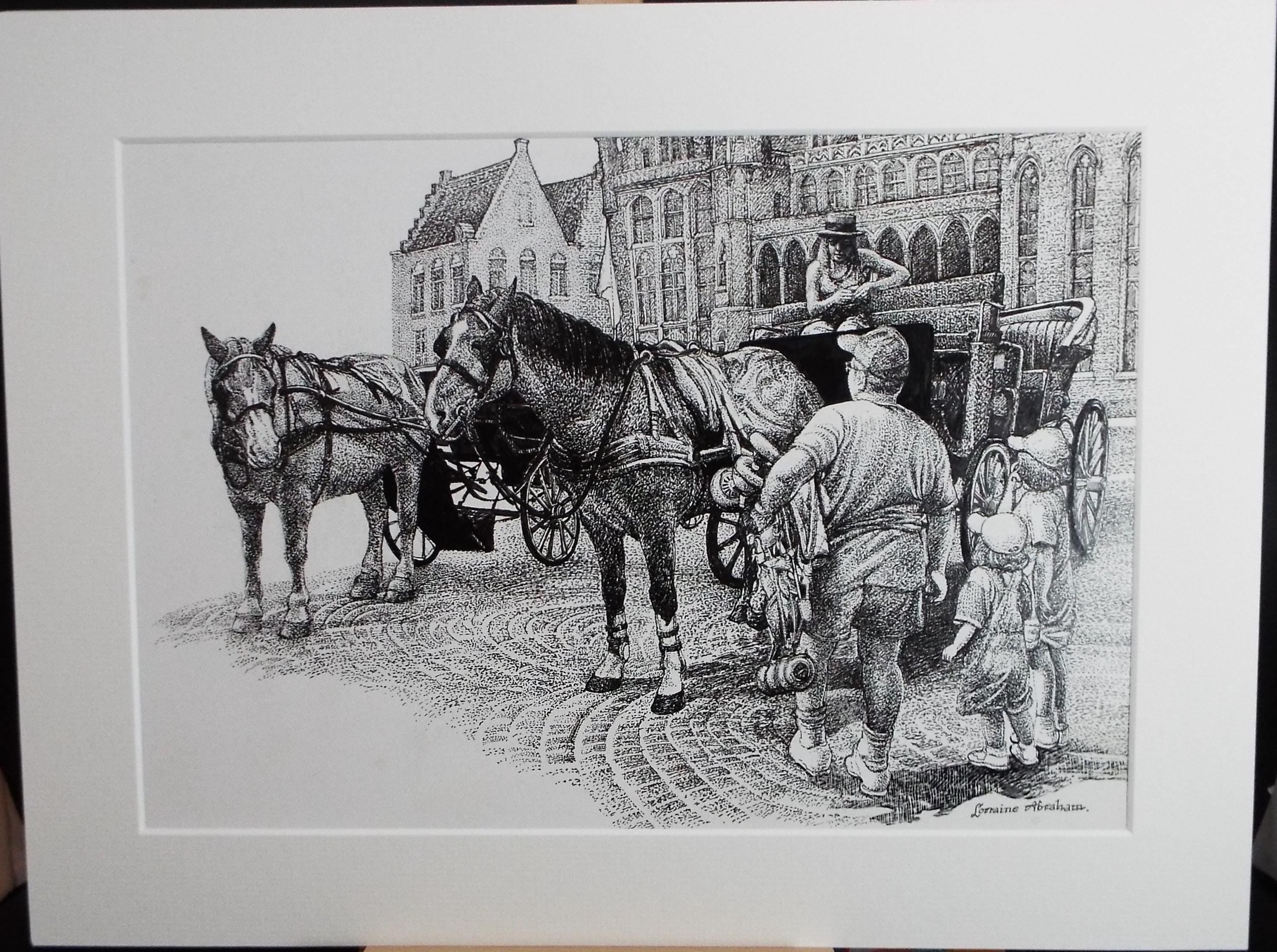 Original Scraperboard & ink drawing, 'The Carriage Ride', Lorraine Abraham RSMA (1941-2023), Circa 1990's