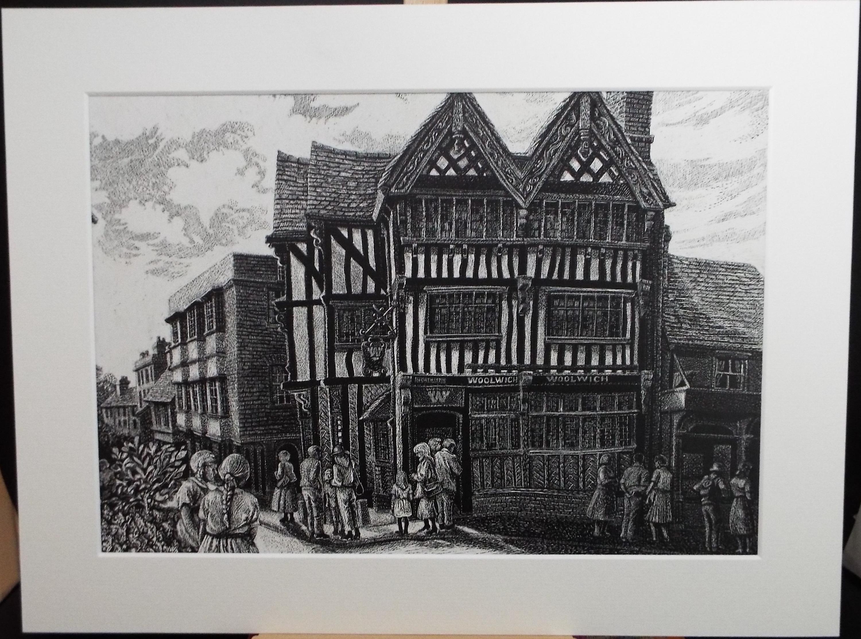 Original Scraperboard & ink drawing, 'The Woolwich, Leatherhead', Lorraine Abraham RSMA (1941-2023), Circa 1990's