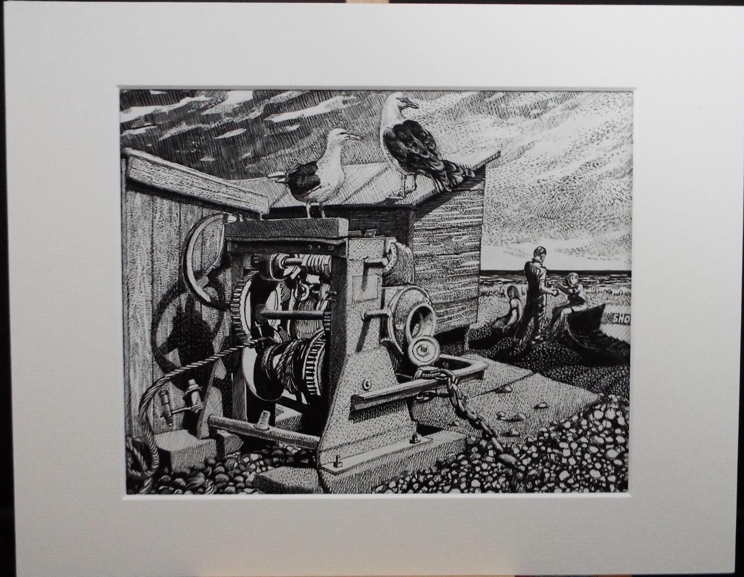 Original Scraperboard & ink drawing, 'Winding Gear on the Shore', Lorraine Abraham RSMA (1941-2023), Circa 1990's