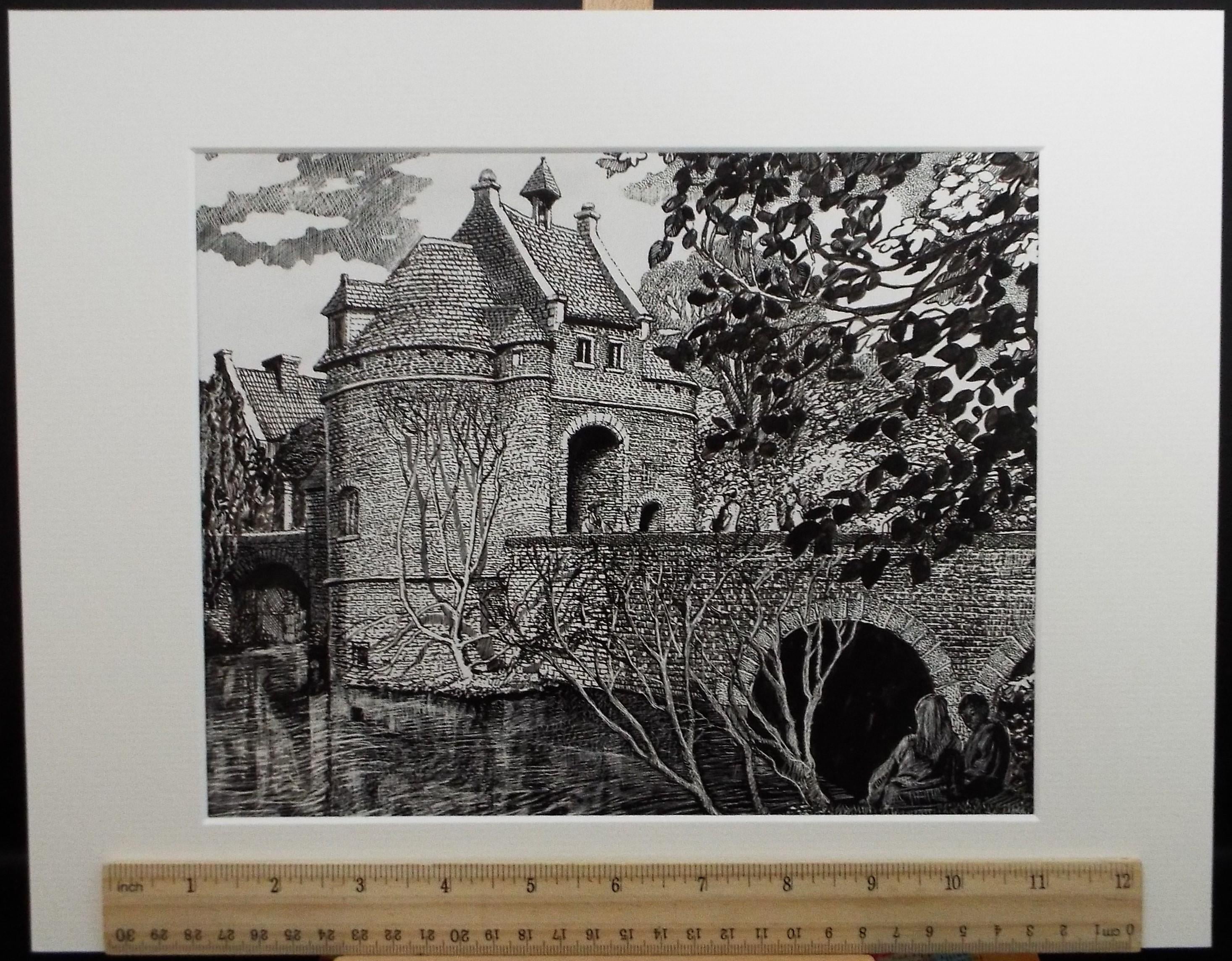 Original Scraperboard & ink drawing, 'Fortified Manor House', Lorraine Abraham RSMA (1941-2023), Circa 1990's