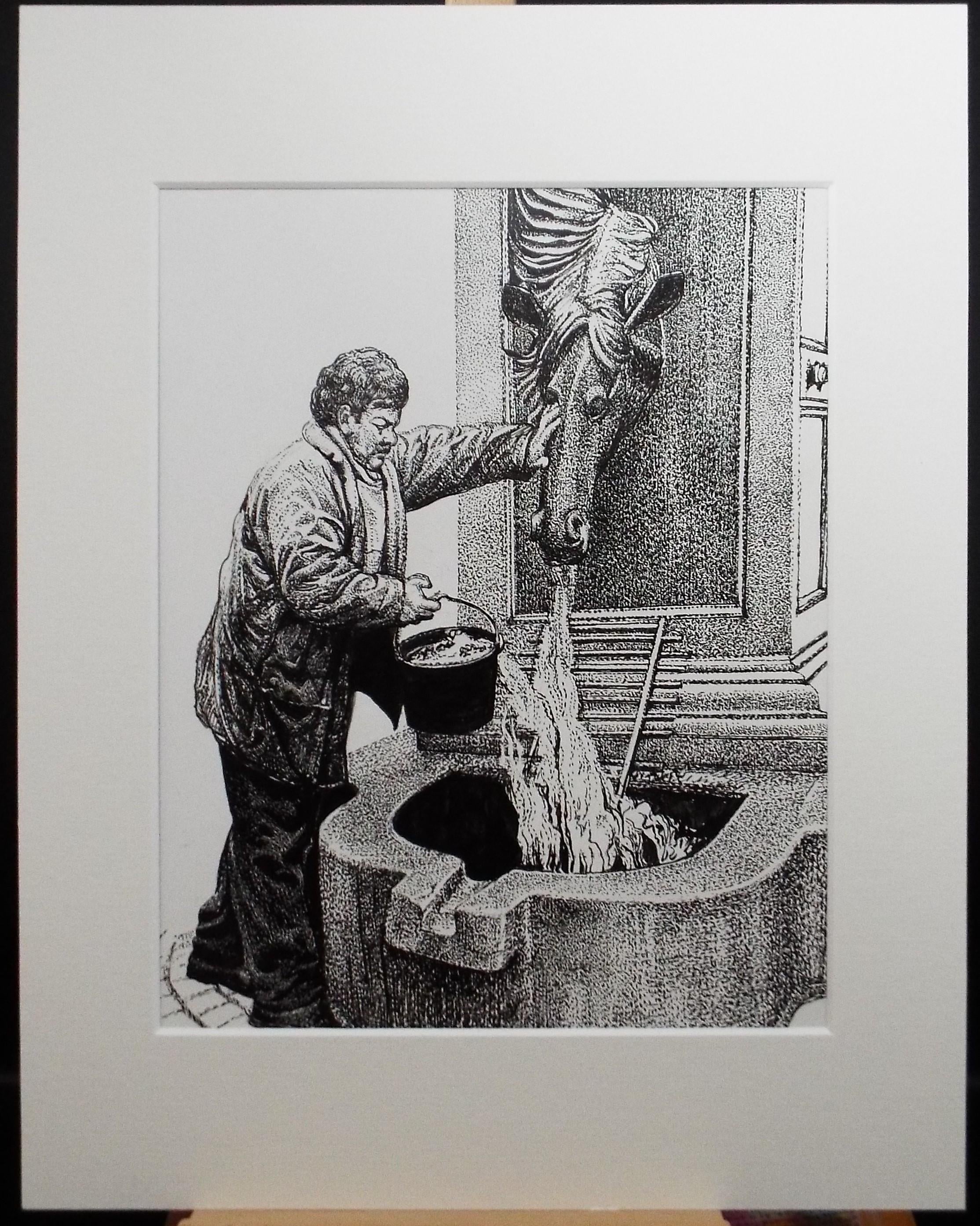 Original Scraperboard & ink drawing, 'Horsehead Watering Trough', Lorraine Abraham RSMA (1941-2023), Circa 1990's