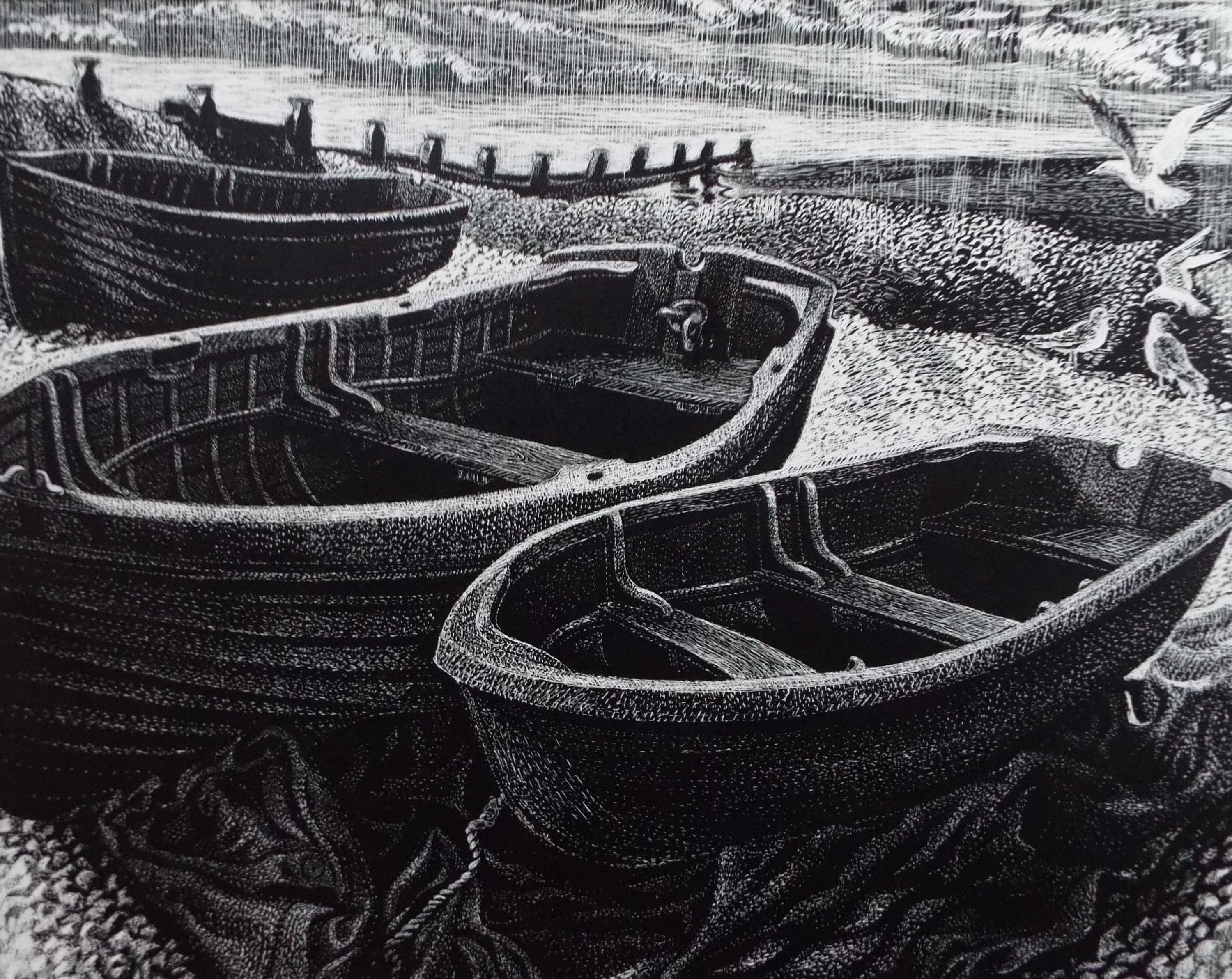 Original Scraperboard drawing, 'Boats on the Shore', Lorraine Abraham RSMA (1941-2023), Circa 1990's