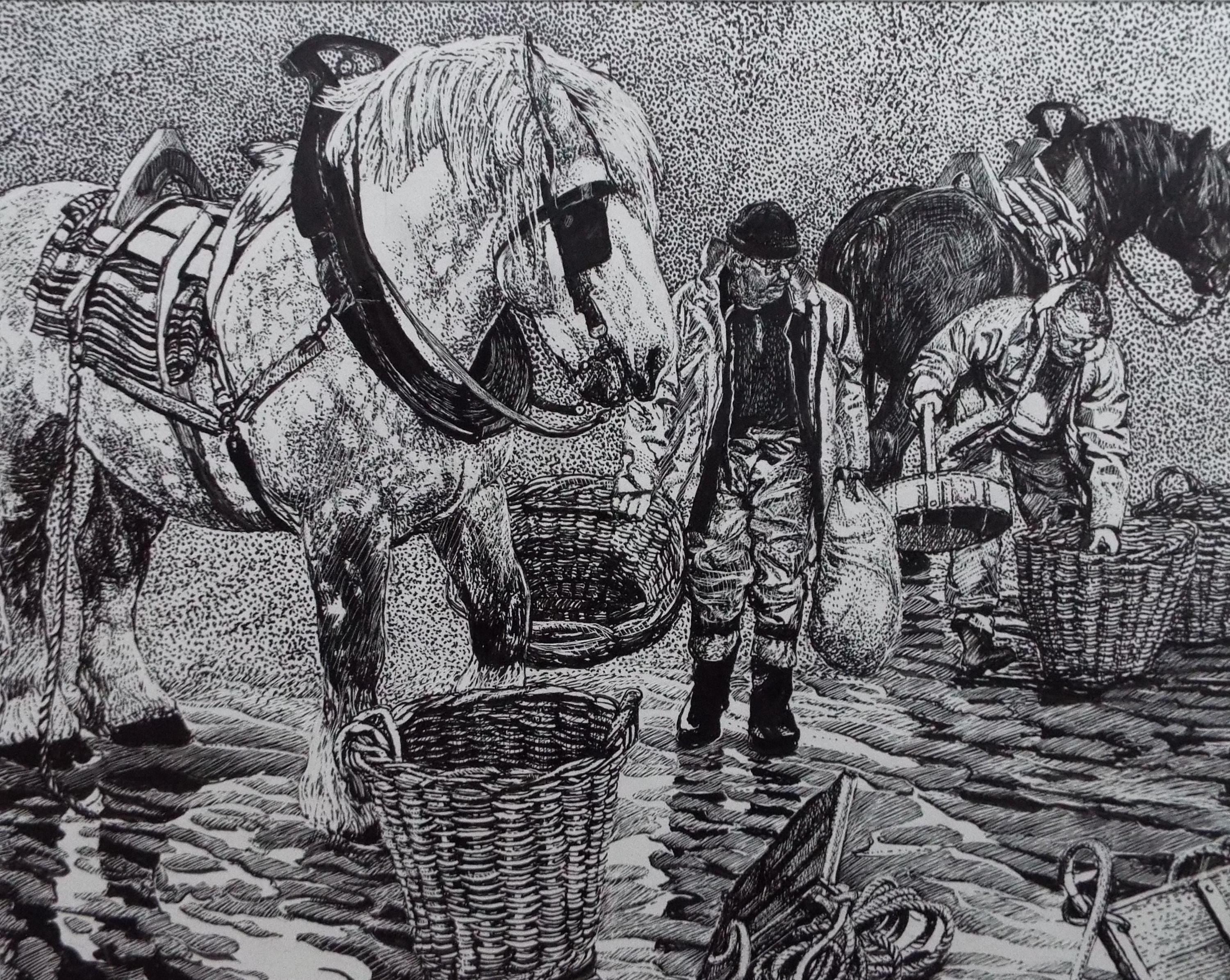 Original Scraperboard & Ink drawing, 'Cockle Pickers', Lorraine Abraham RSMA (1941-2023), Circa 1990's