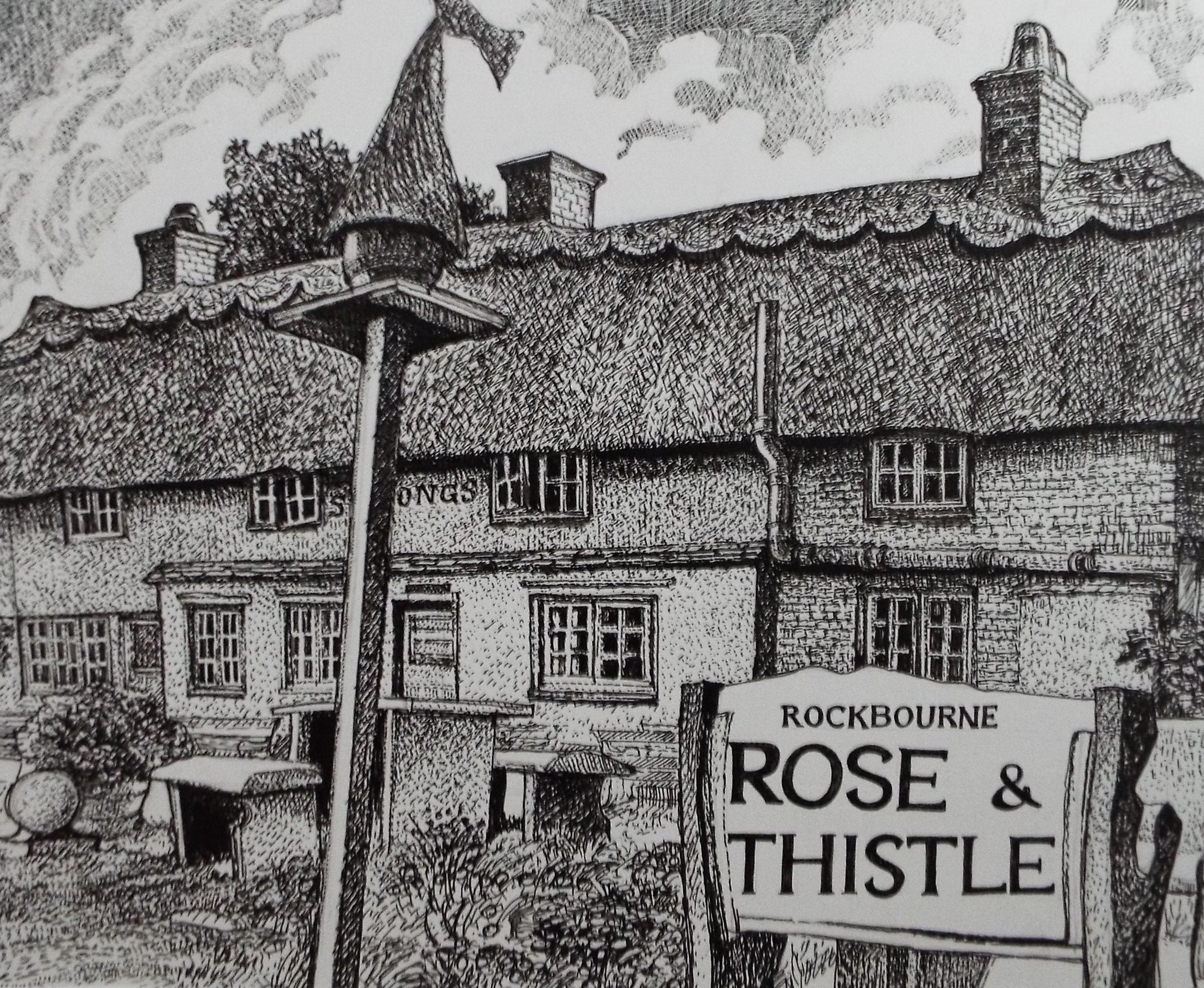 Original Scraperboard & Ink drawing, 'Rose and Thistle, Rockbourne', Lorraine Abraham RSMA (1941-2023), Dated 1991