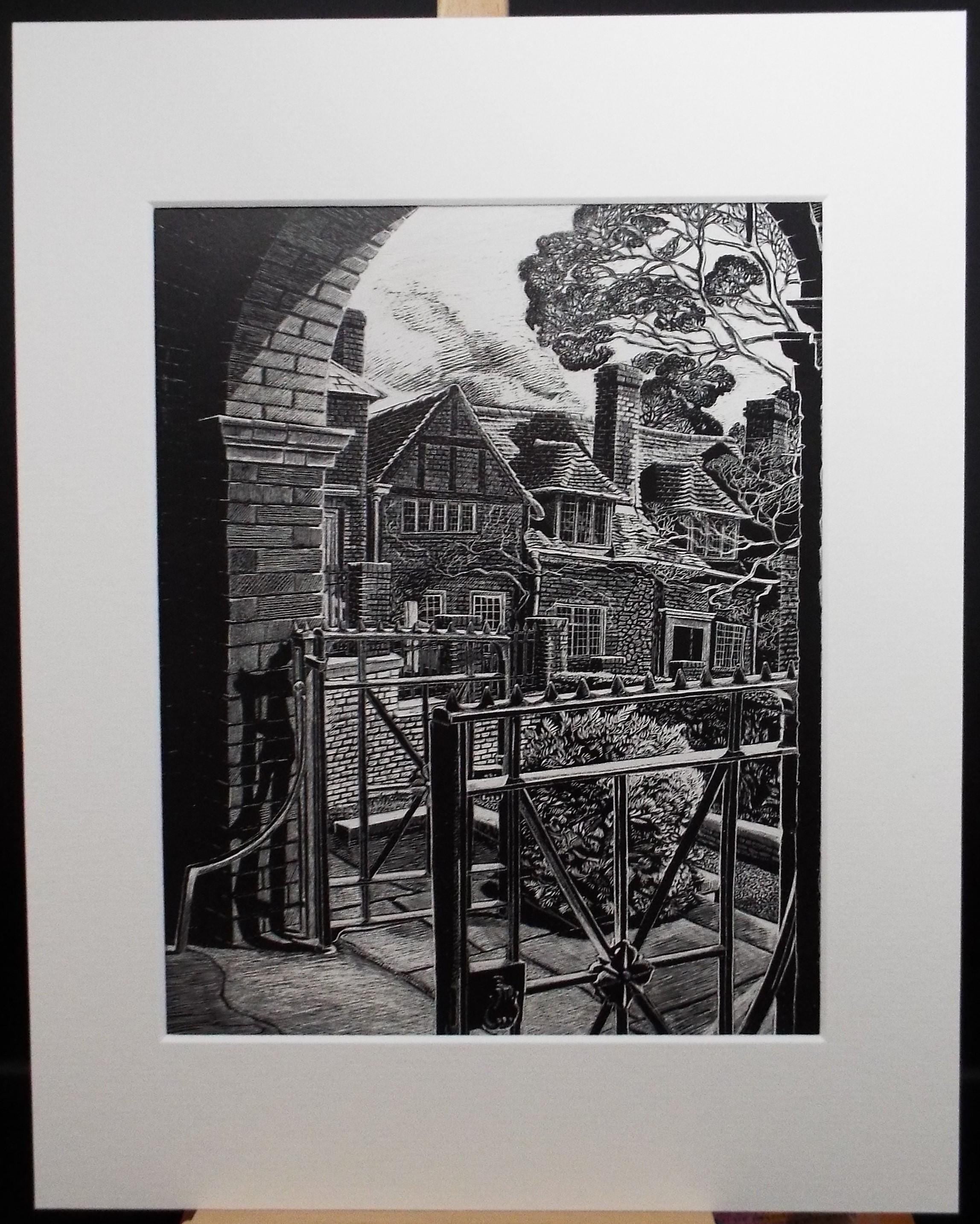 Original Scraperboard drawing, 'Manorhouse', Lorraine Abraham RSMA (1941-2023), Circa 1990's