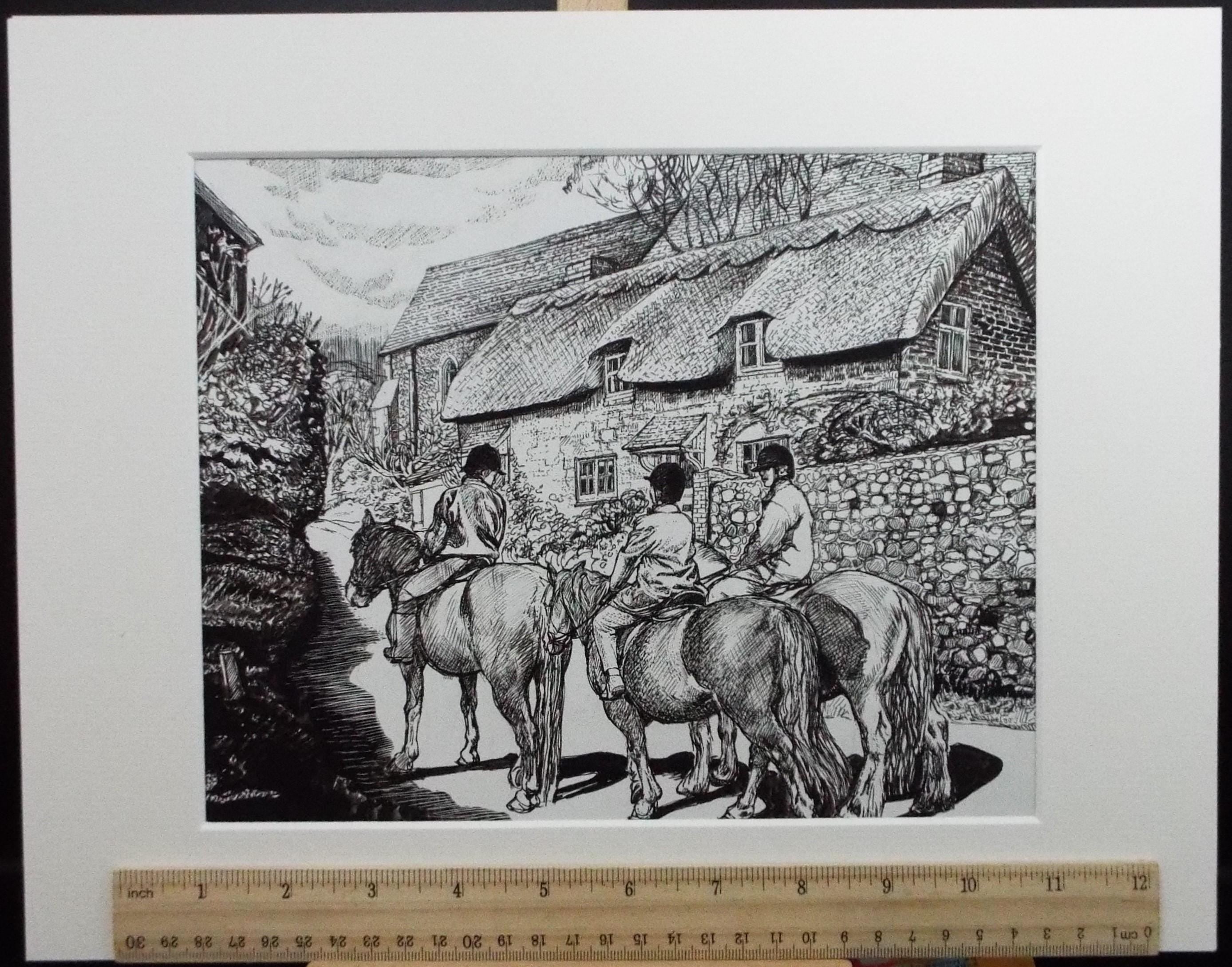 Original Scraperboard & ink drawing, 'Riding Out', Lorraine Abraham RSMA (1941-2023), Circa 1990's