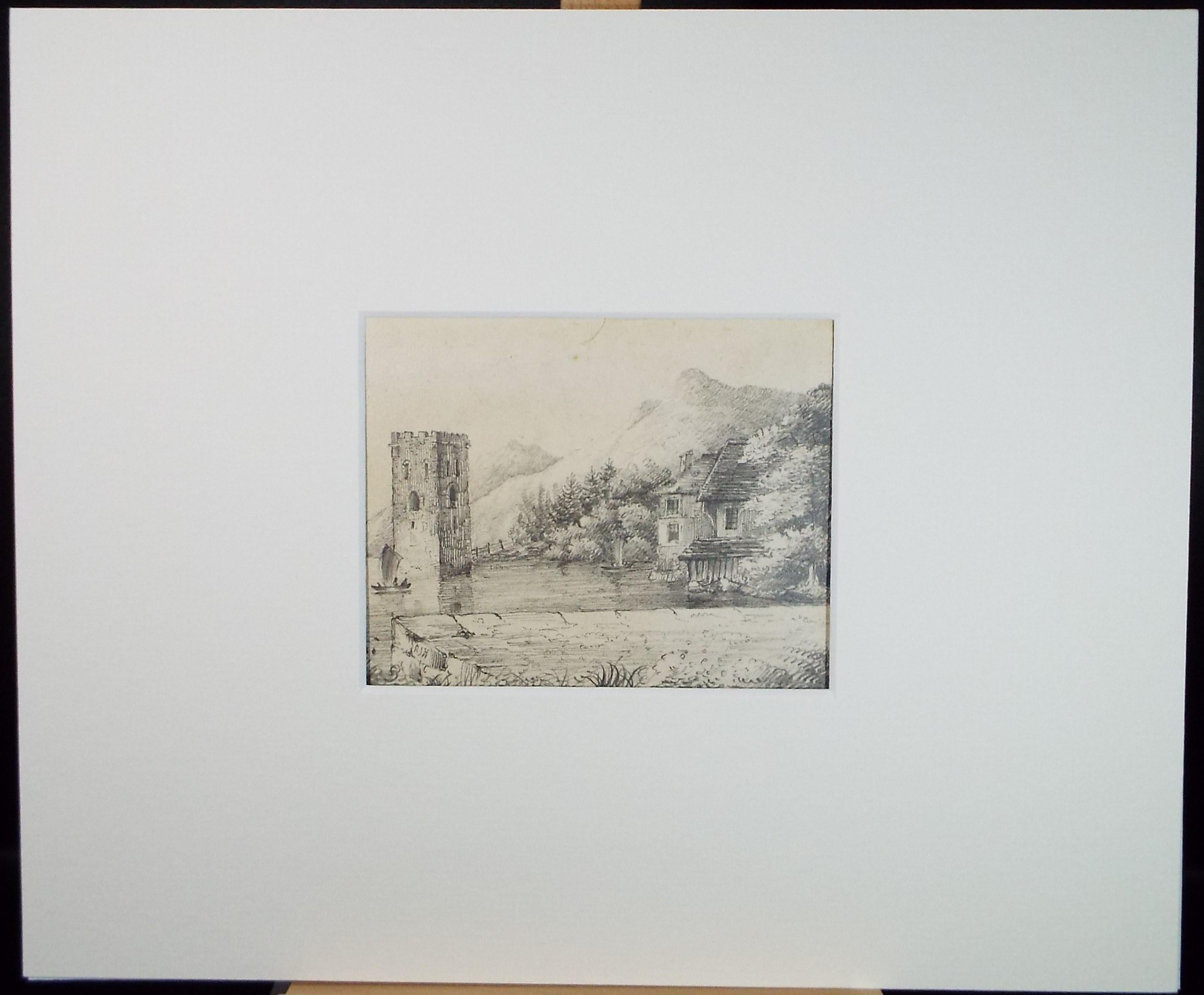 Original Pencil drawing , 'Coast with Tower and Shipping', Circa 1870, artist unknown