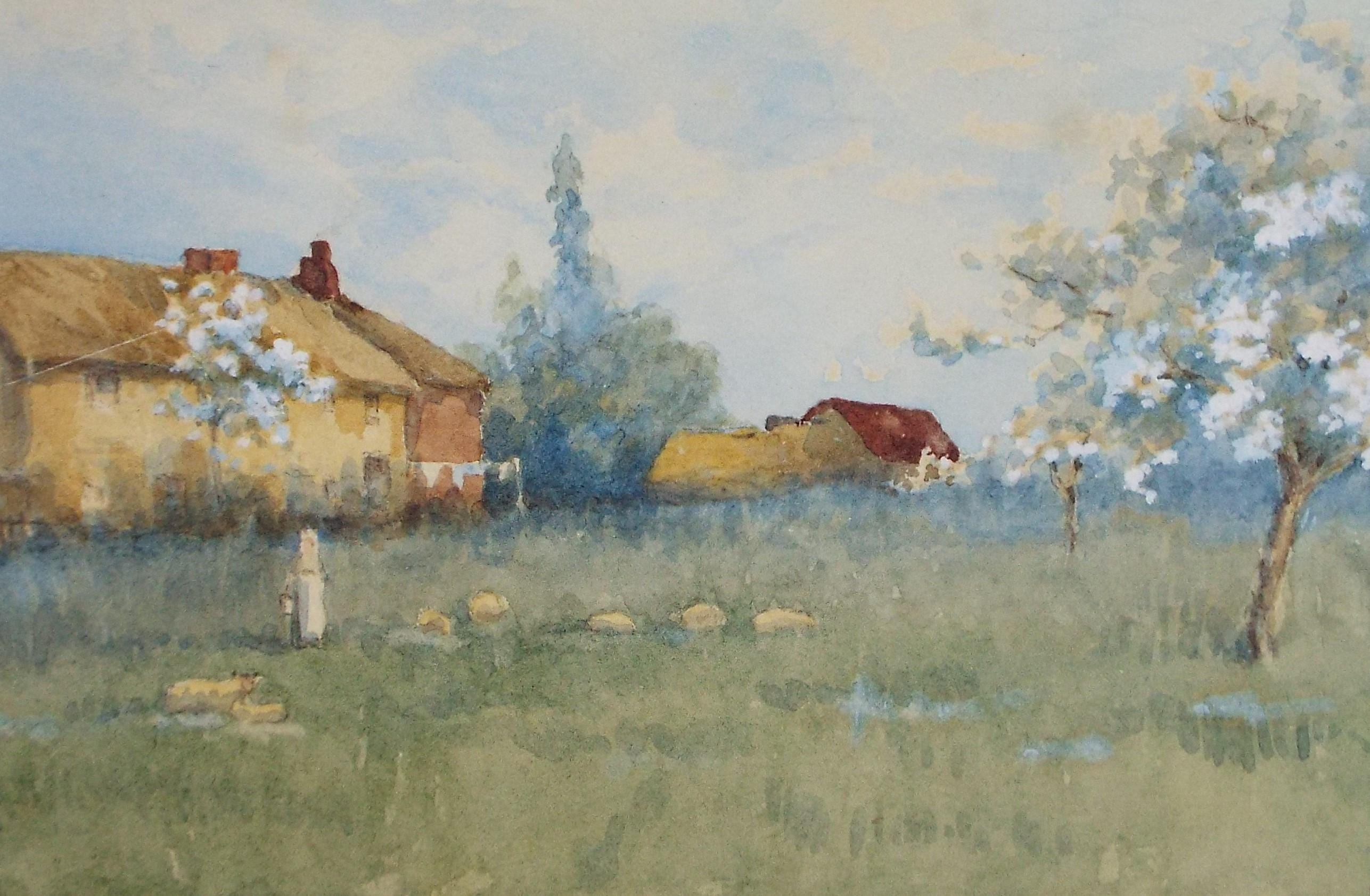 Original Watercolour 'Farm Buildings and apple Orchard', circa 1880's, artist Unknown