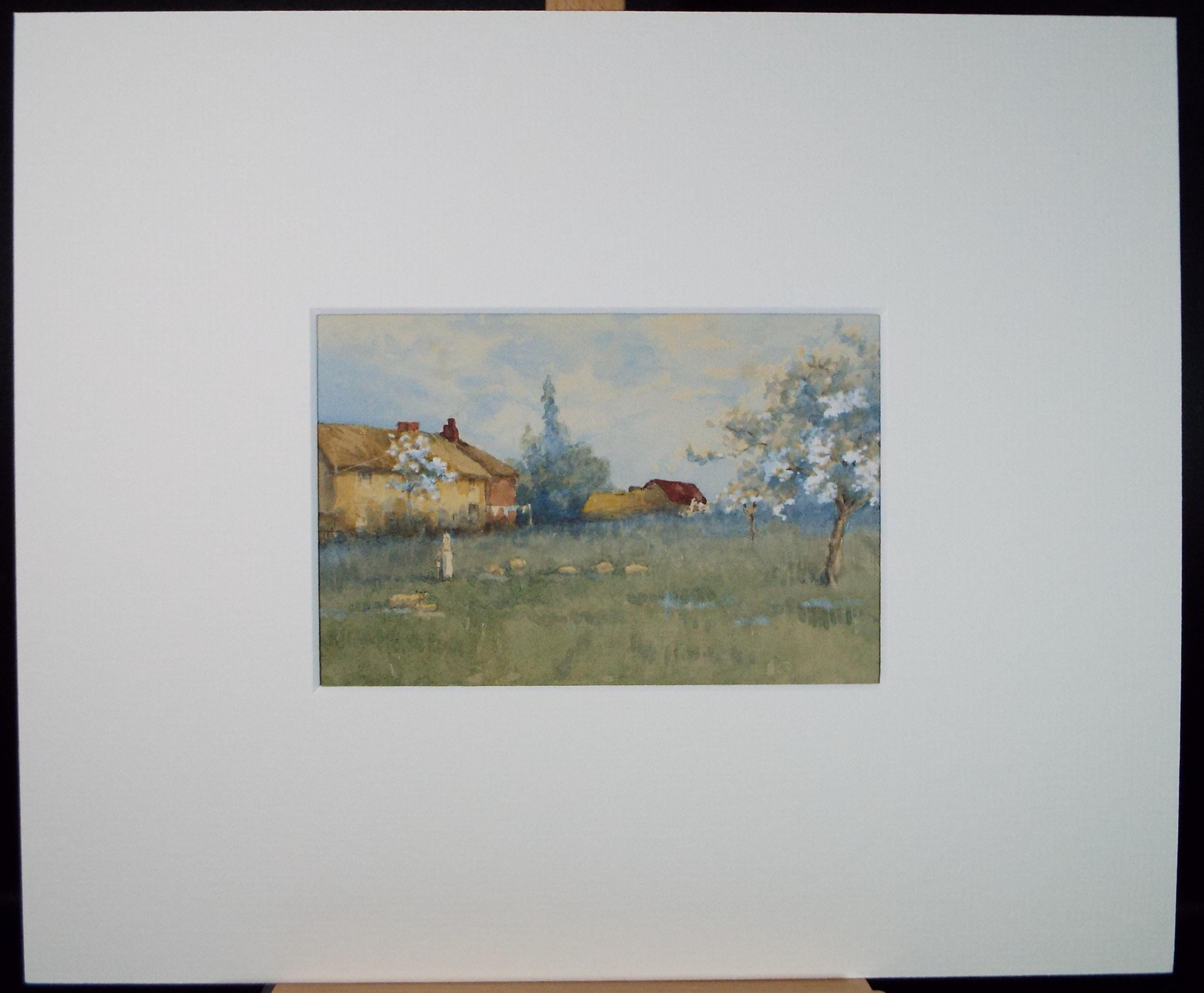 Original Watercolour 'Farm Buildings and apple Orchard', circa 1880's, artist Unknown