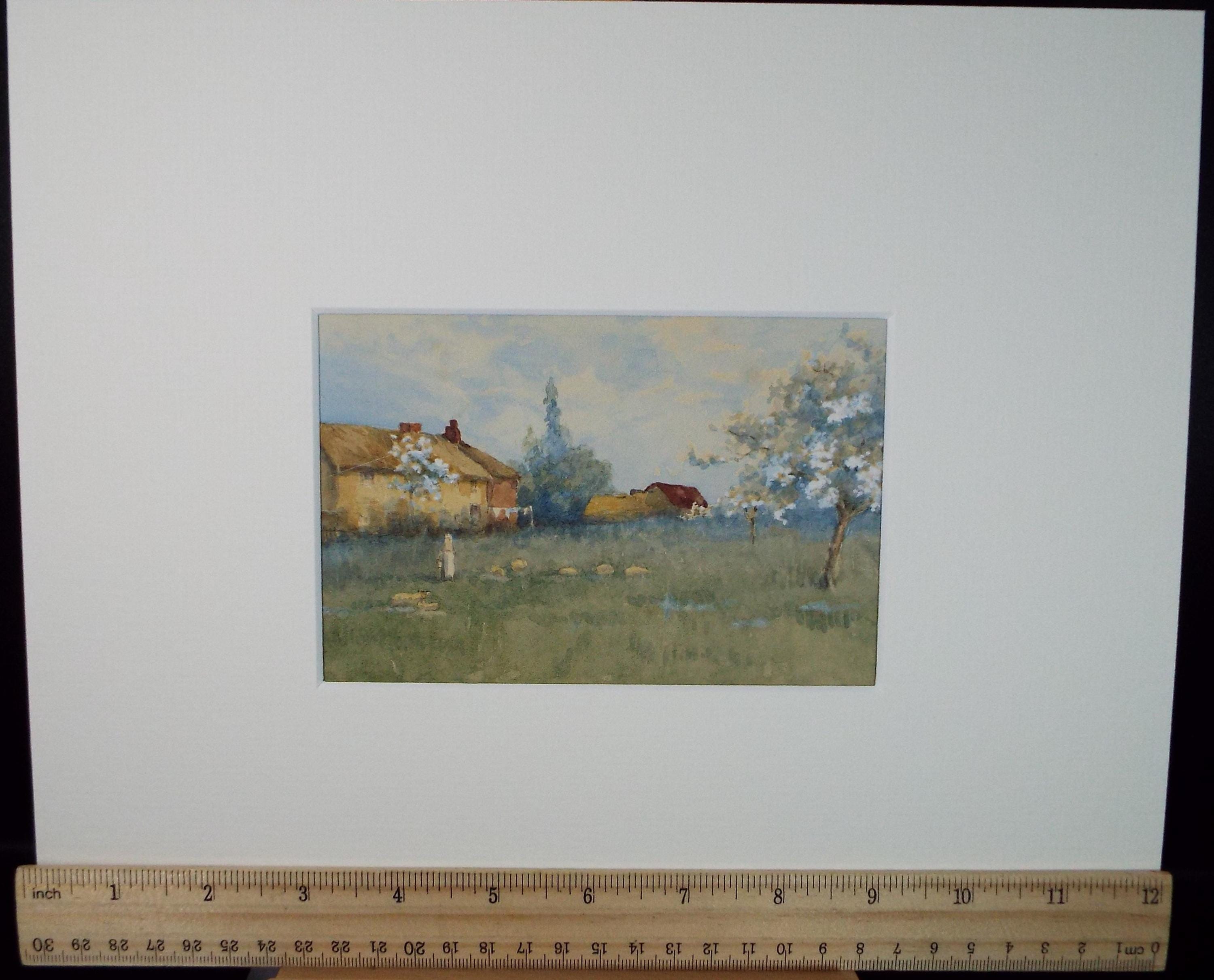 Original Watercolour 'Farm Buildings and apple Orchard', circa 1880's, artist Unknown