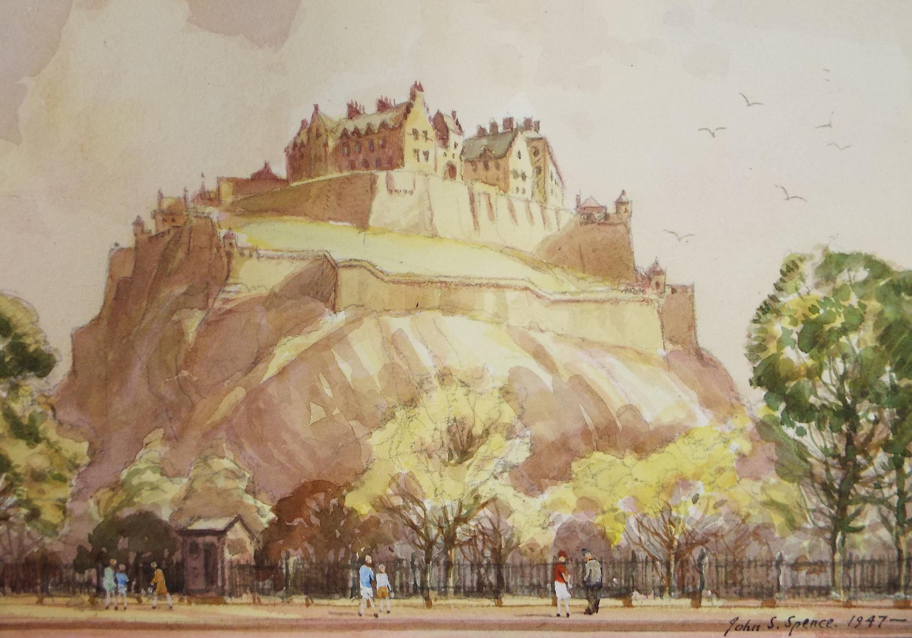 Original Watercolour ,'Edinburgh Castle from Princes Street', John S. Spence, Dated 1947